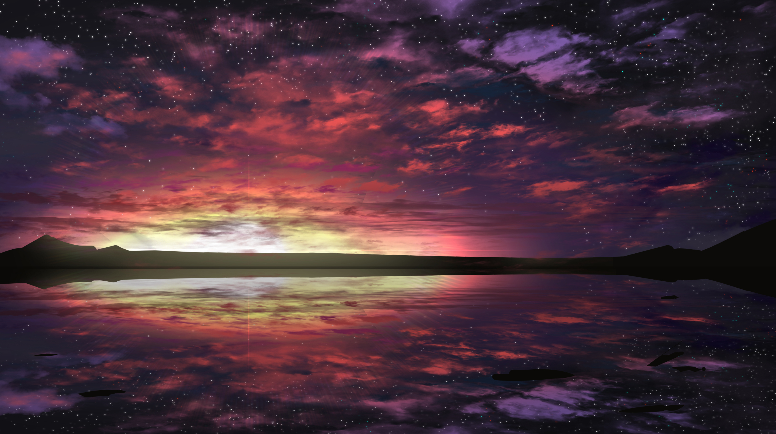 Anime landscape with colorful sky and reflection HD Wallpaper