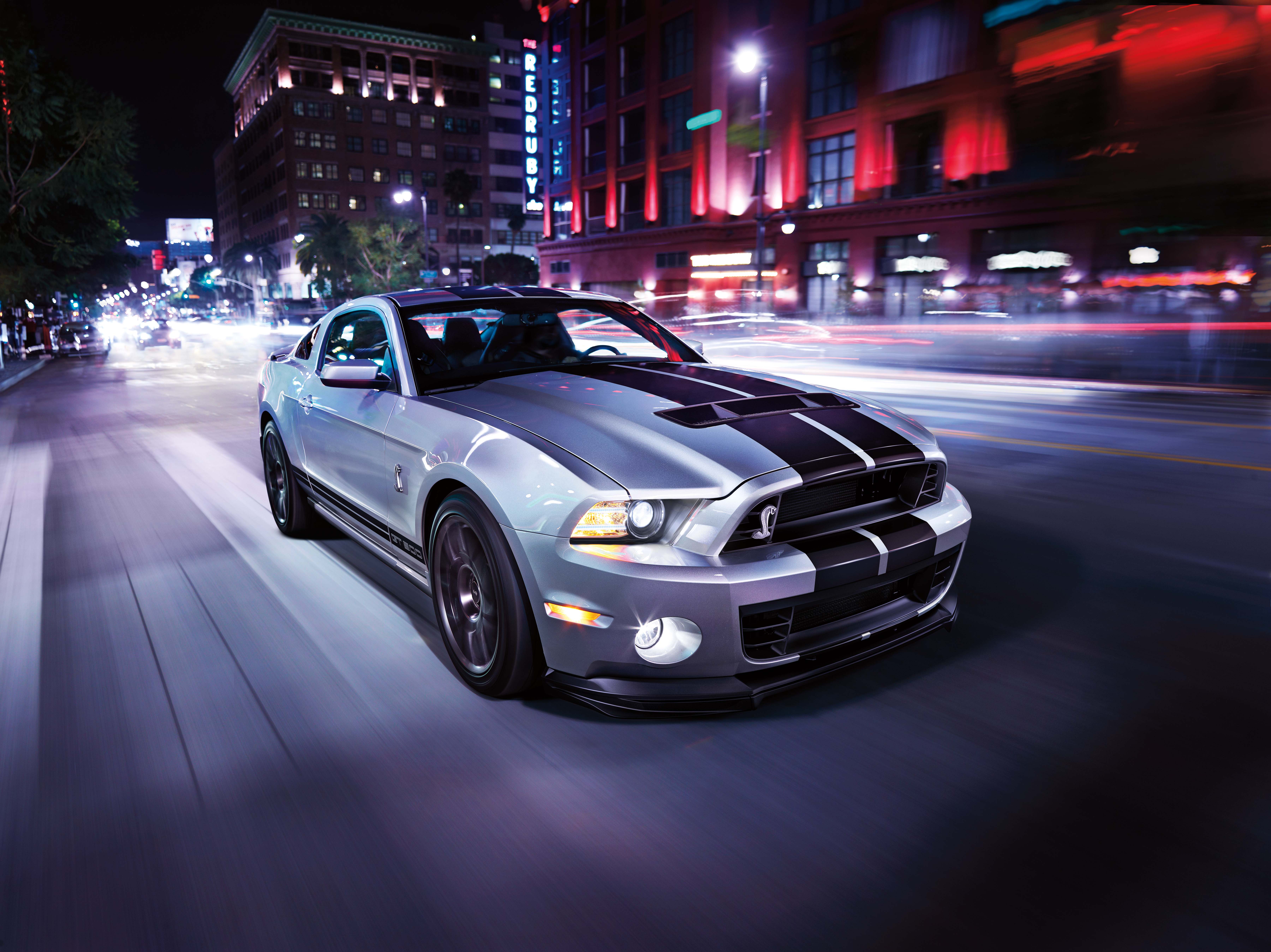Silver Shelby Mustang GT500 driving at night HD Wallpaper