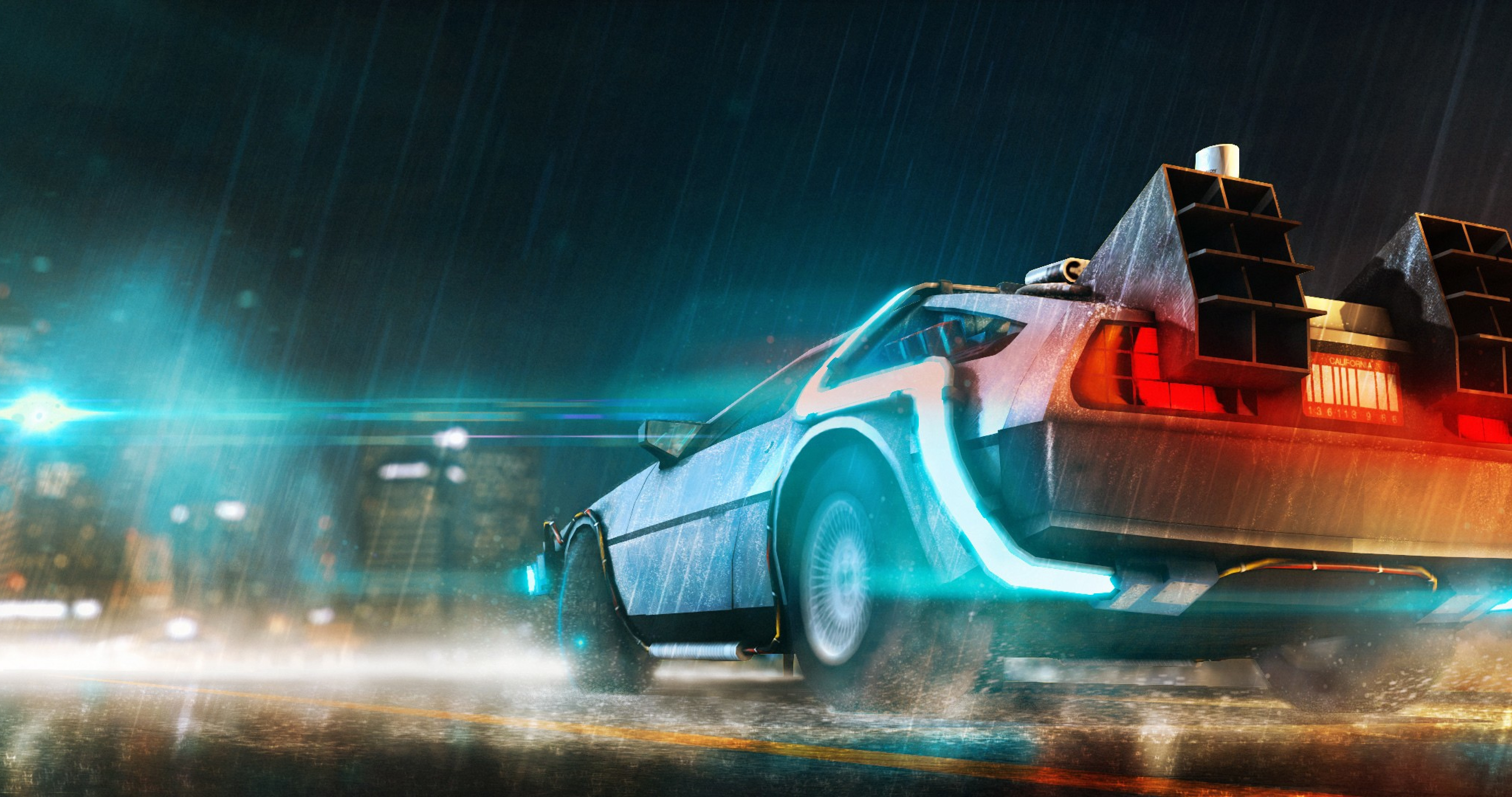 Back to the Future DeLorean in the rain HD Wallpaper