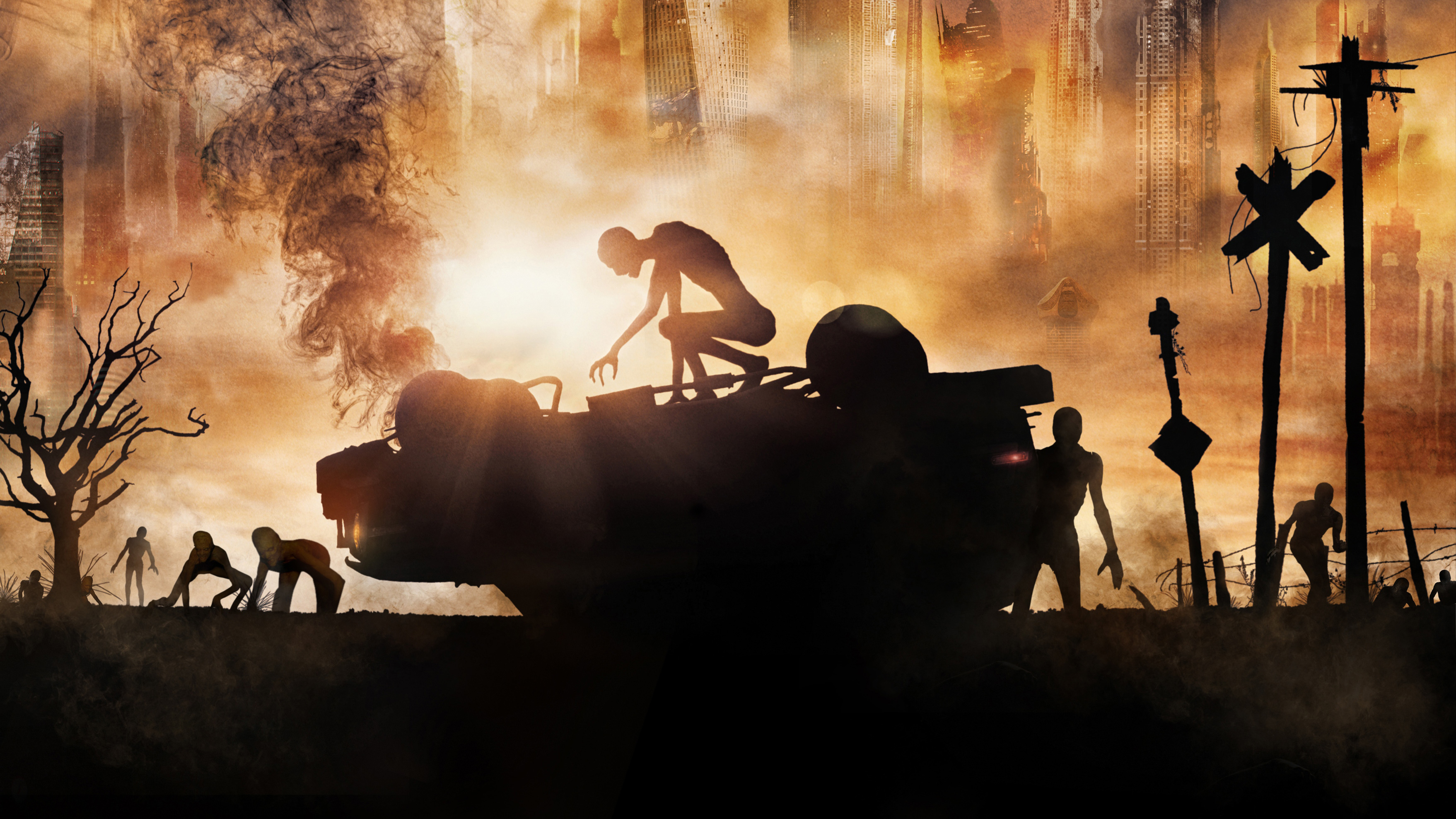 Hostile movie scene with zombies and destroyed city HD Wallpaper