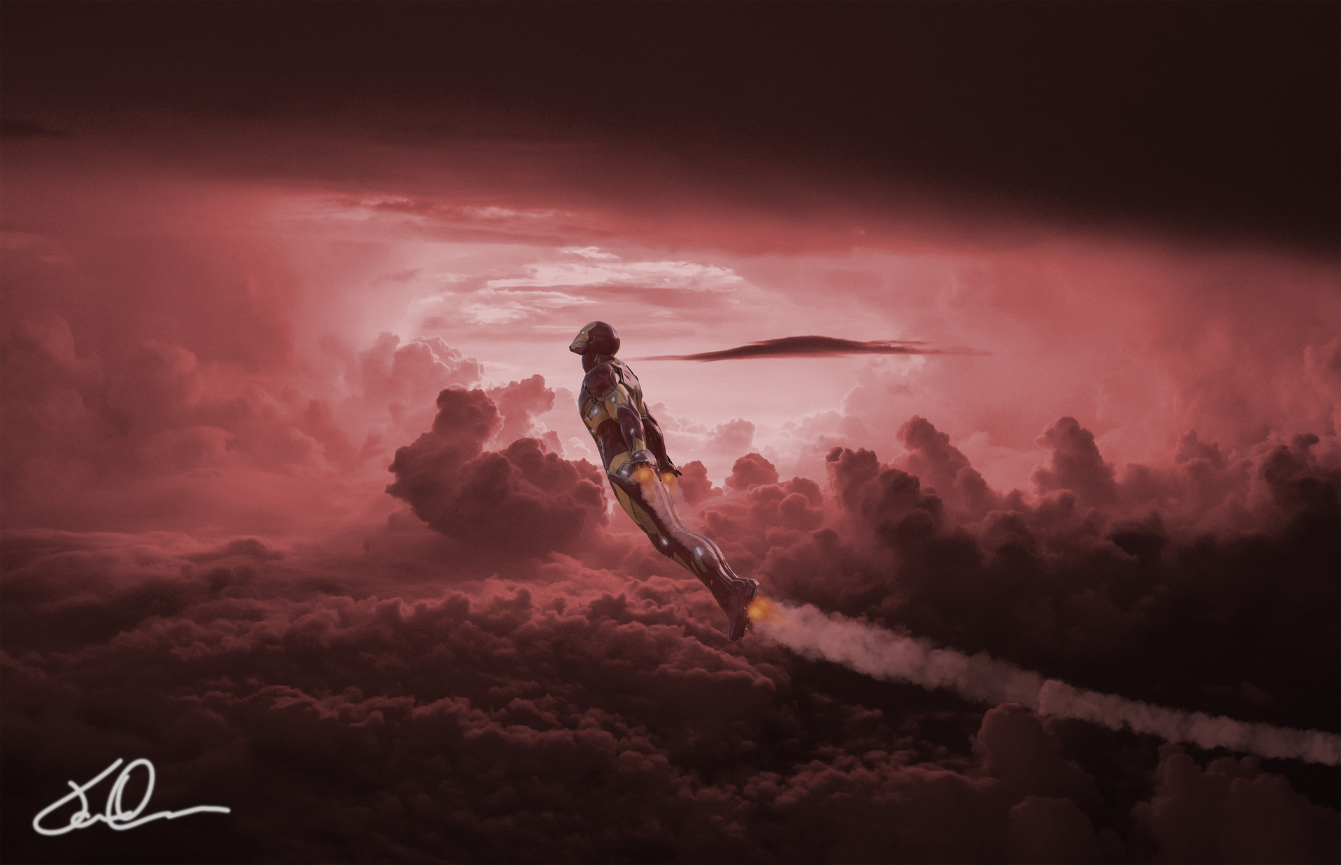 Iron Man flying through red clouds HD Wallpaper