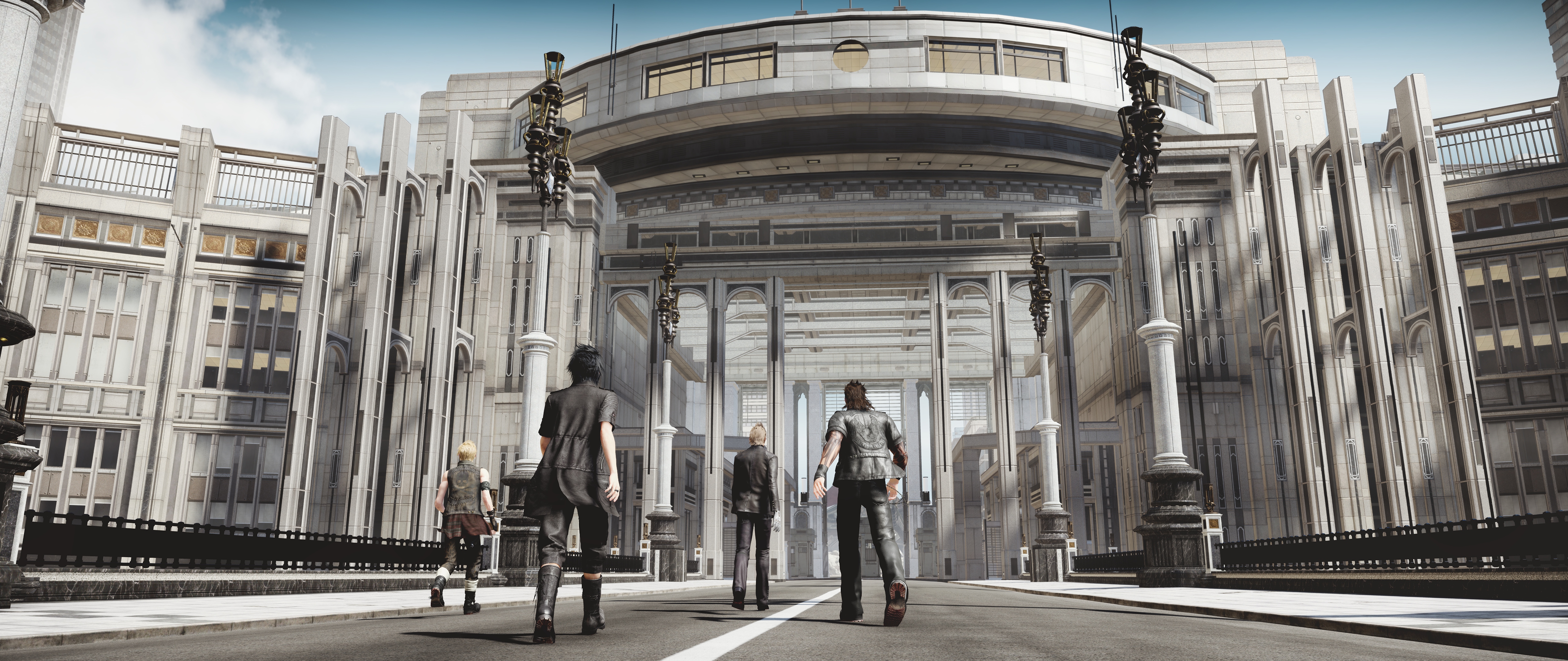 Final Fantasy XV characters walk towards a grand building HD Wallpaper