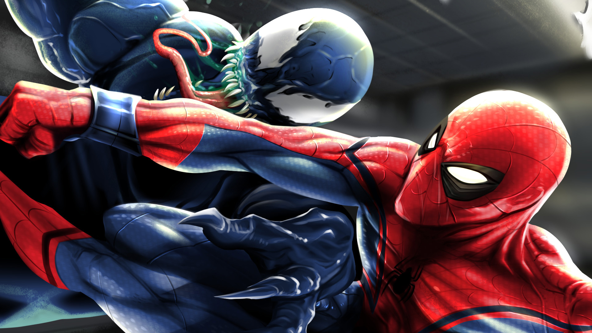 Spiderman fighting Venom in digital art HD Wallpaper