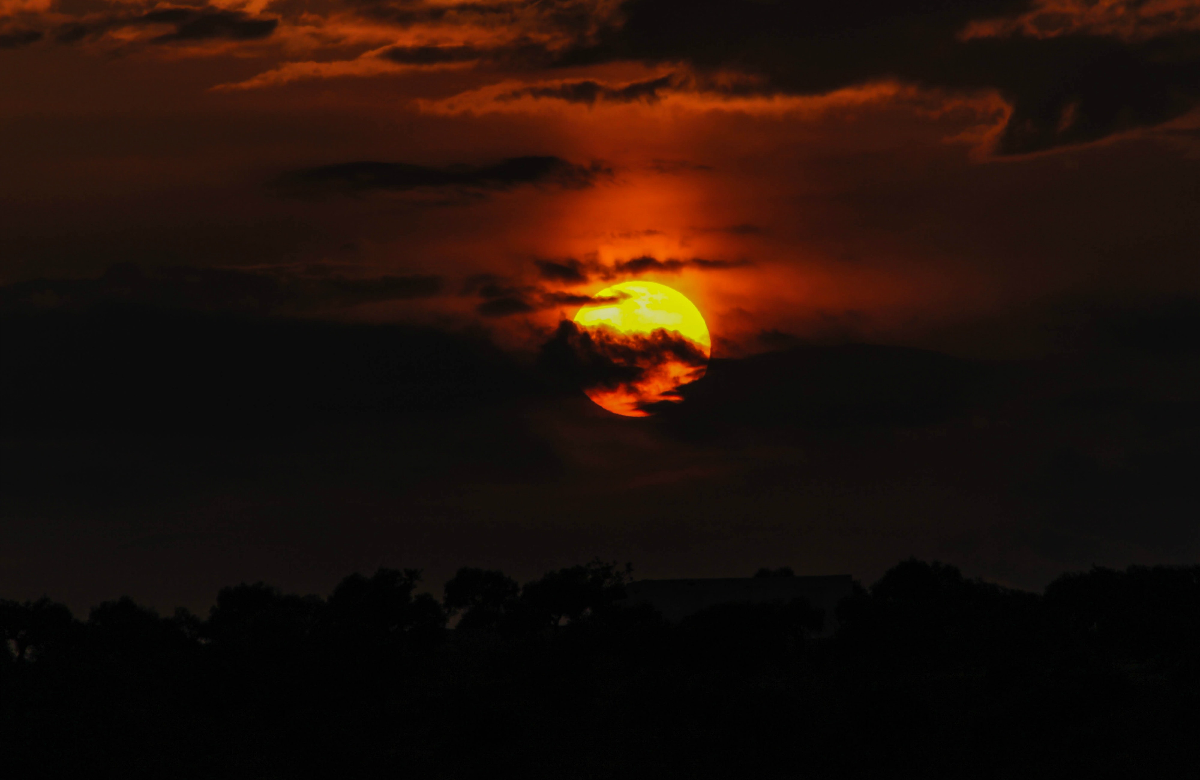 Sunset behind clouds with silhouette of trees HD Wallpaper