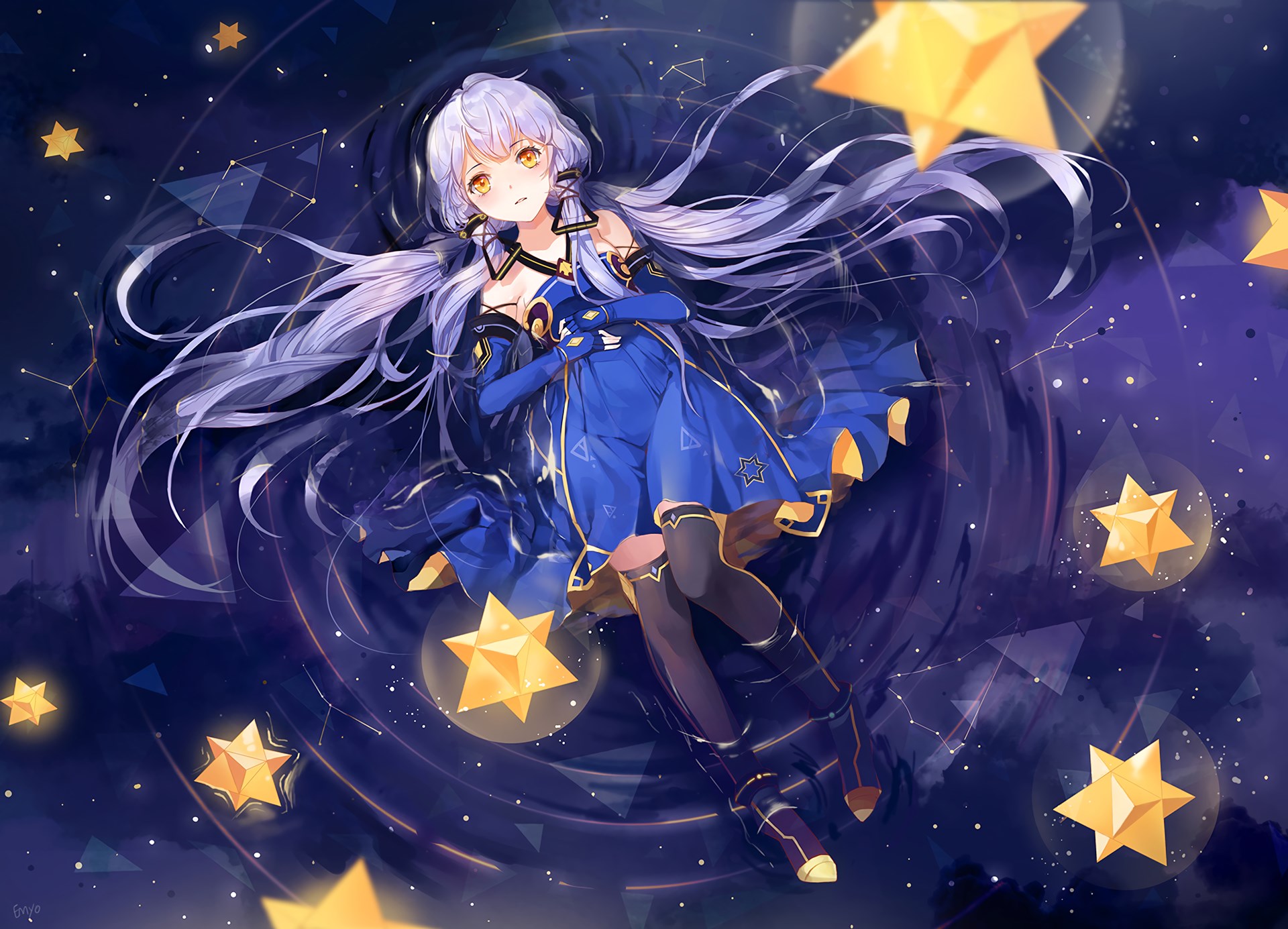 Girl in blue dress with stars and constellations HD Wallpaper