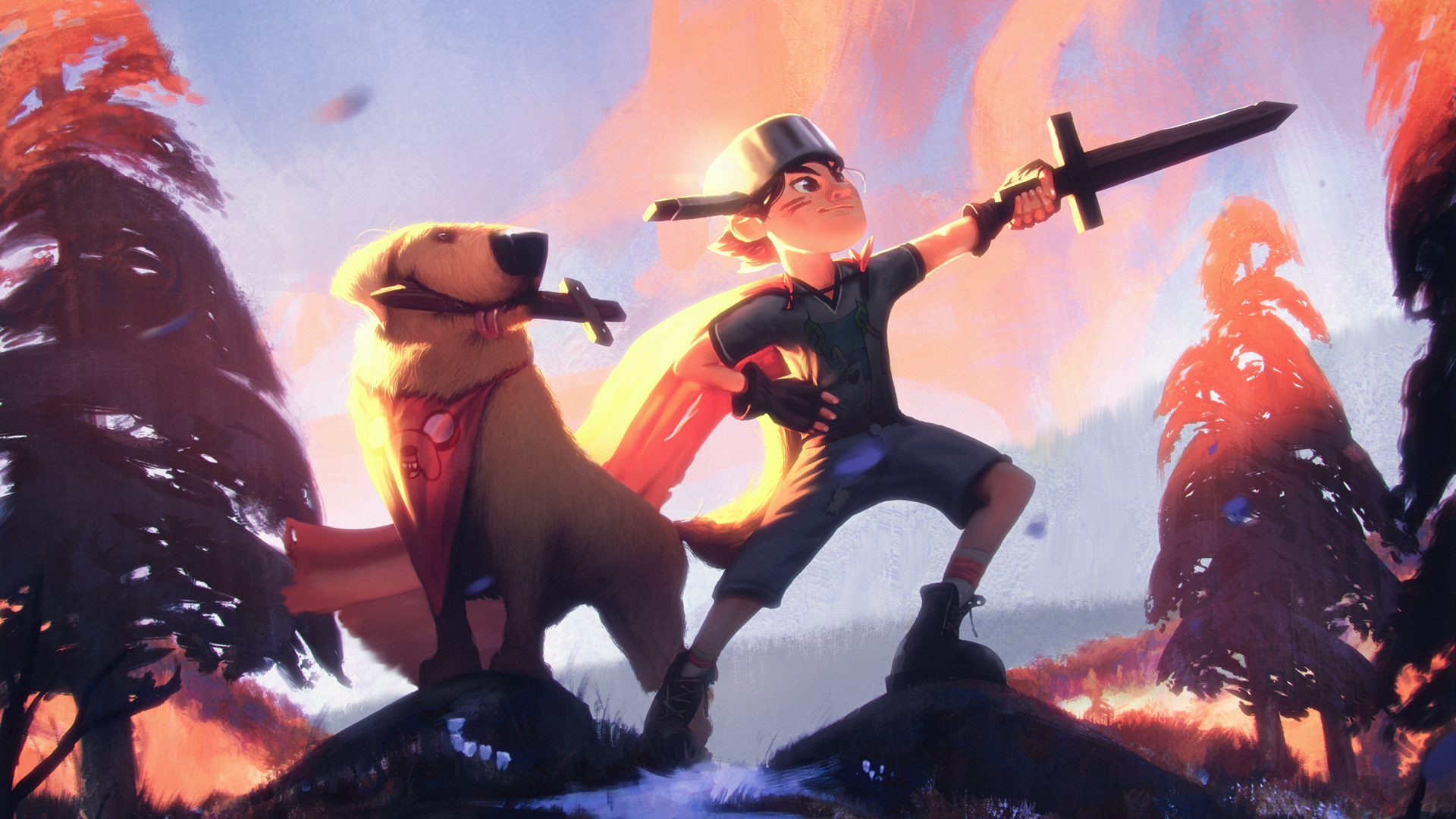 Boy and Dog Adventurers with Swords HD Wallpaper