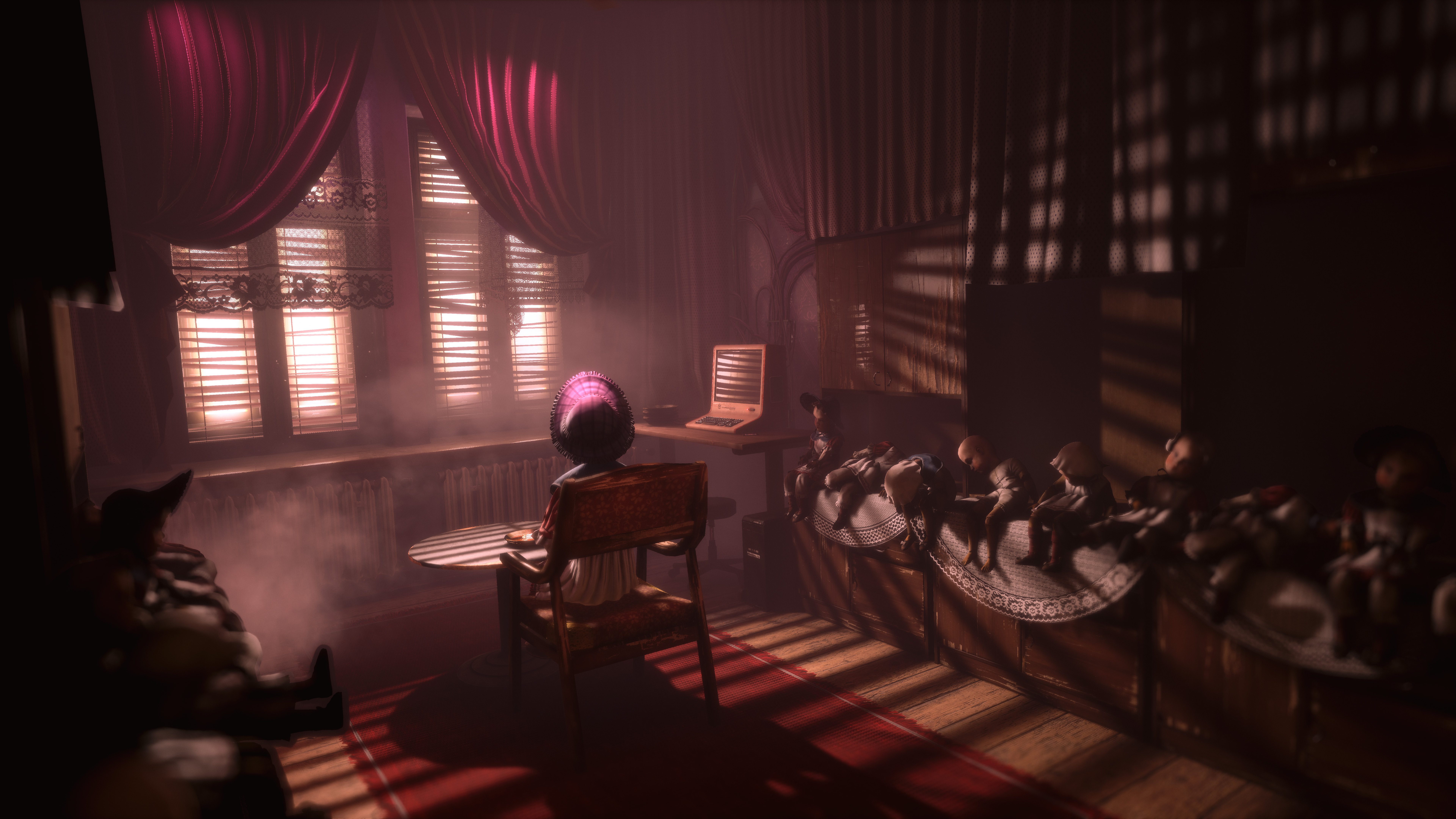 Observer in a dimly lit room with dolls HD Wallpaper
