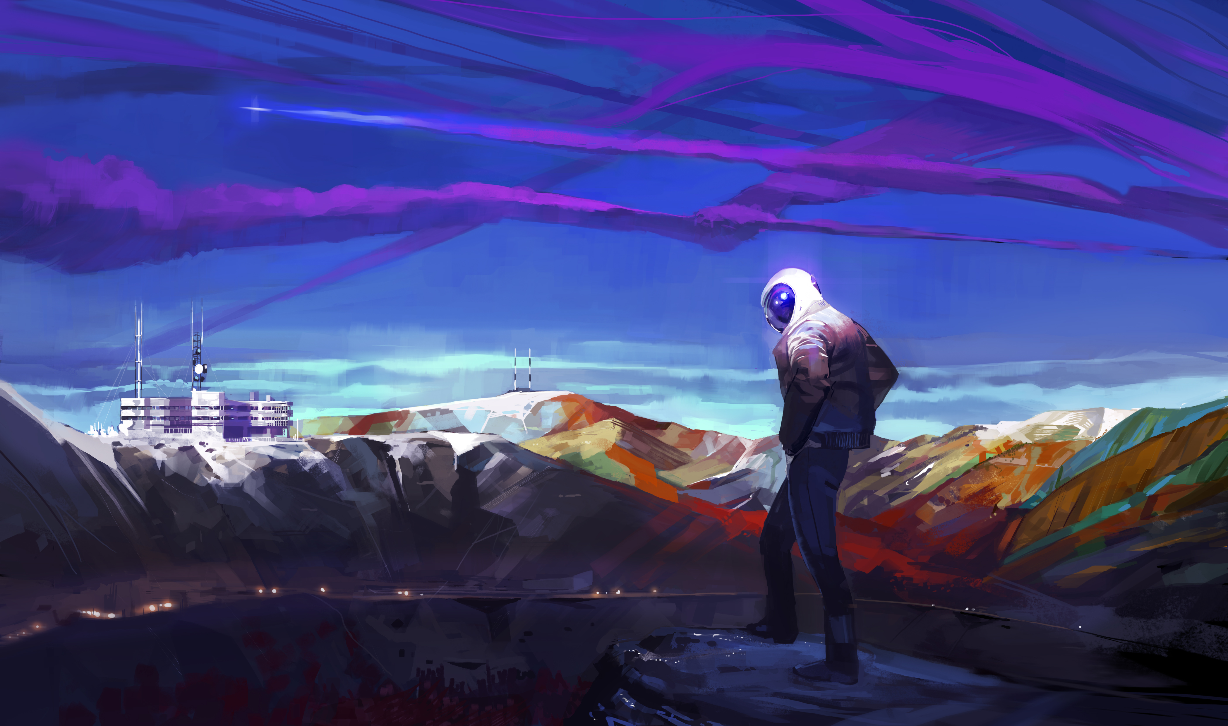 Astronaut looking at a futuristic facility on a mountain HD Wallpaper