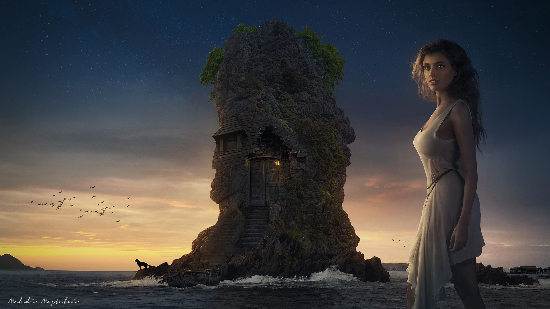 Woman and dog near a rock house at sunset HD Wallpaper