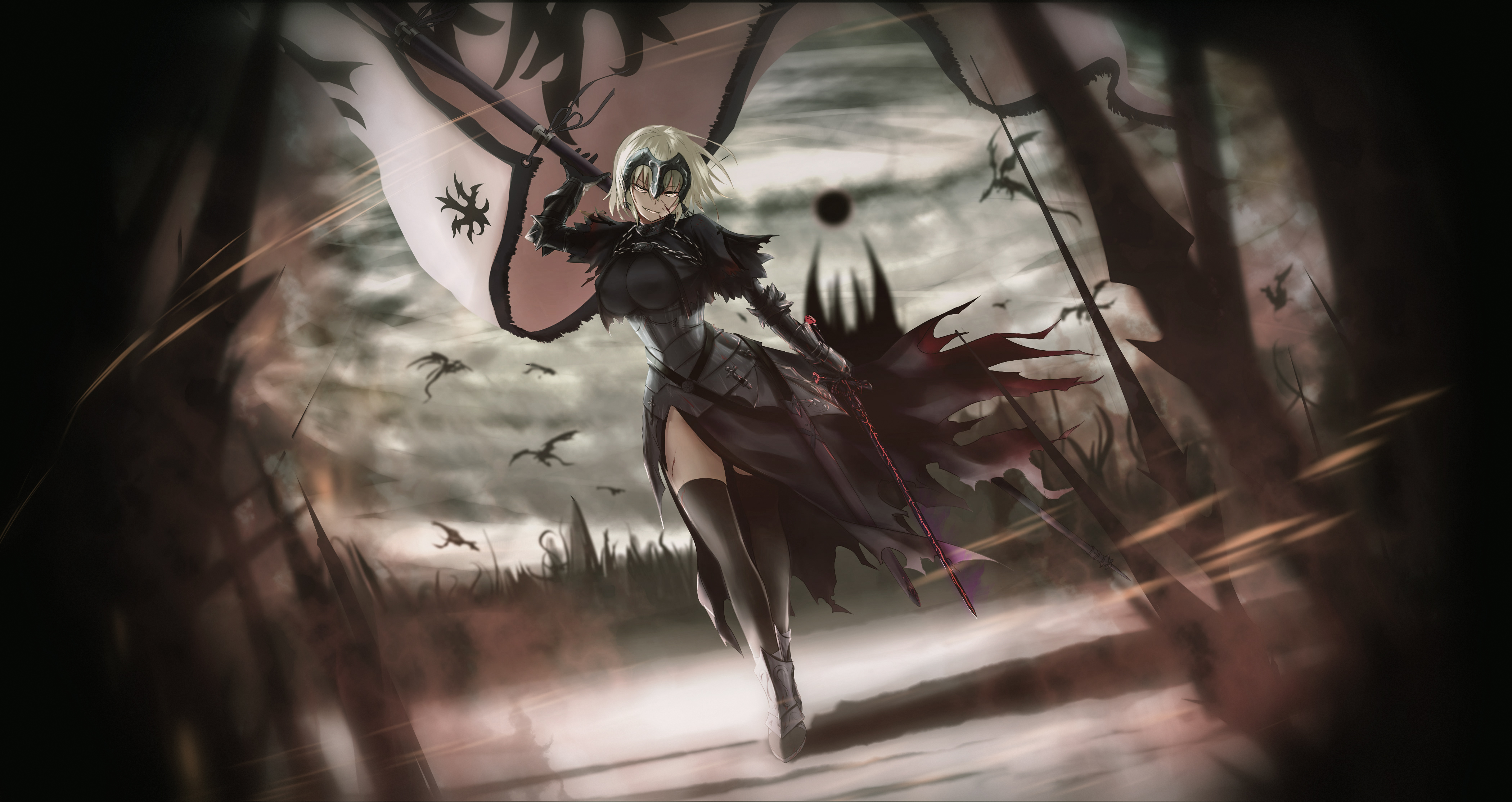 Jeanne d'Arc Alter from Fate/Grand Order holding a flag and sword HD Wallpaper