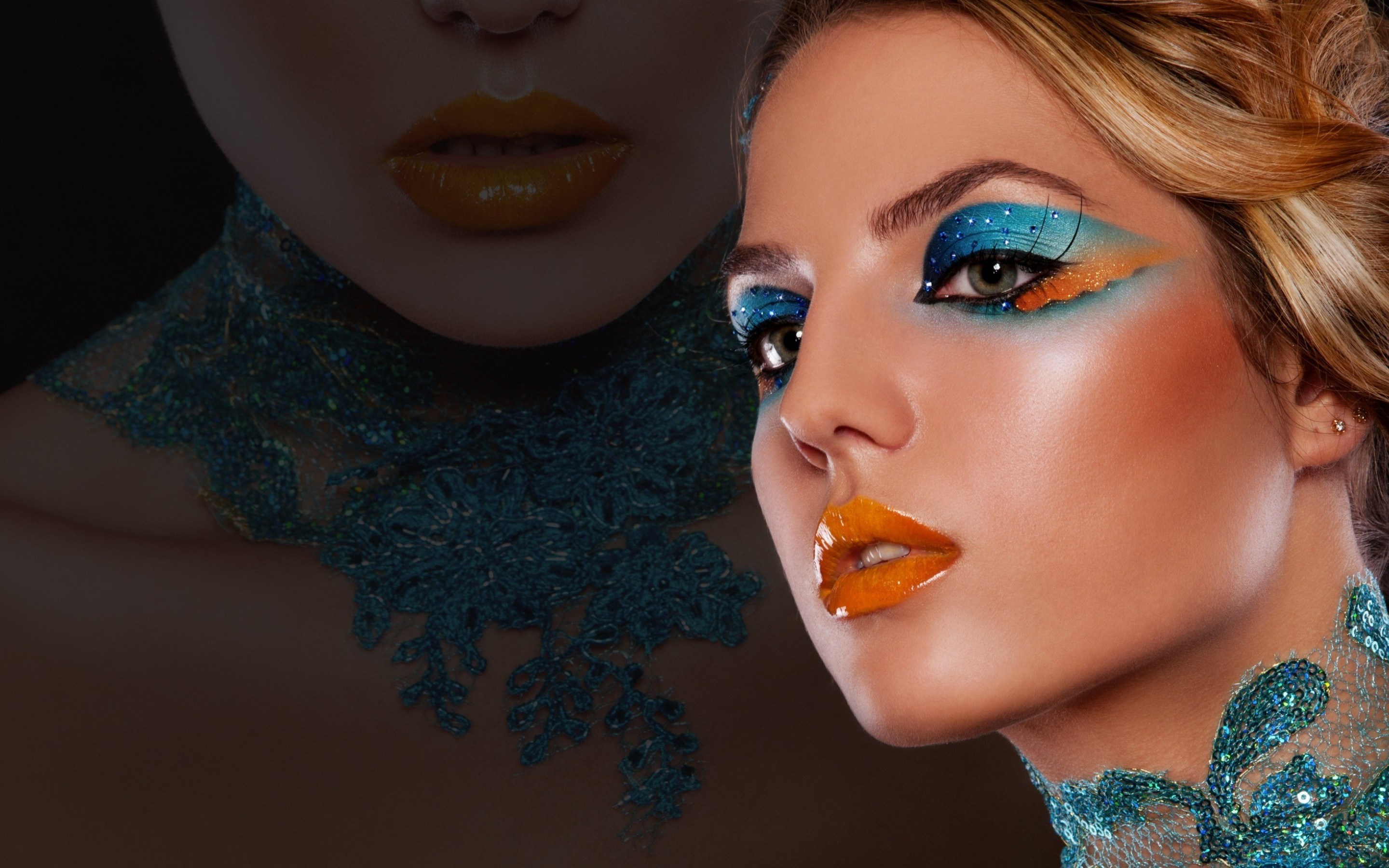Woman with artistic makeup and blue necklace HD Wallpaper