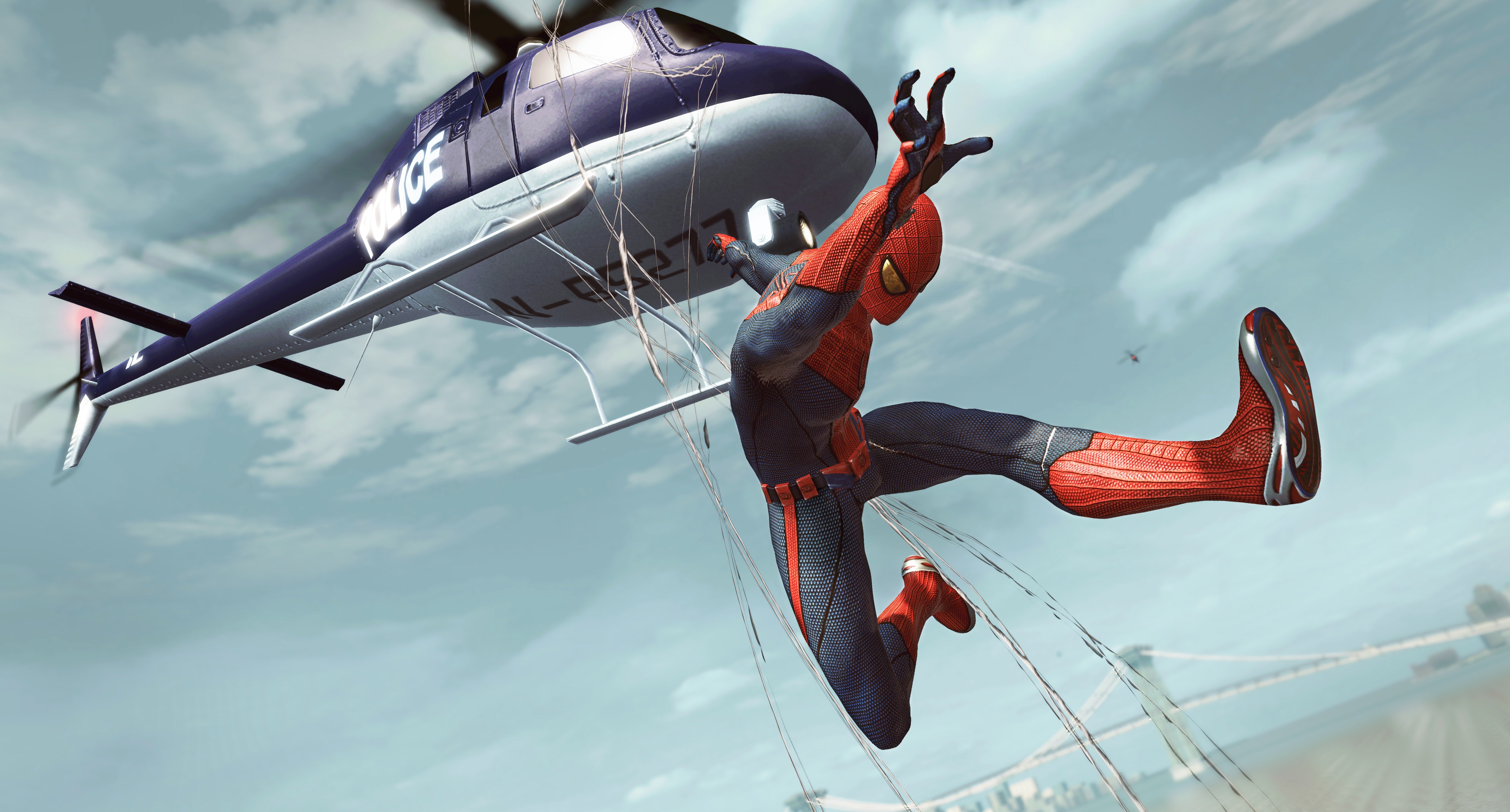 Spider-Man swings near a police helicopter HD Wallpaper