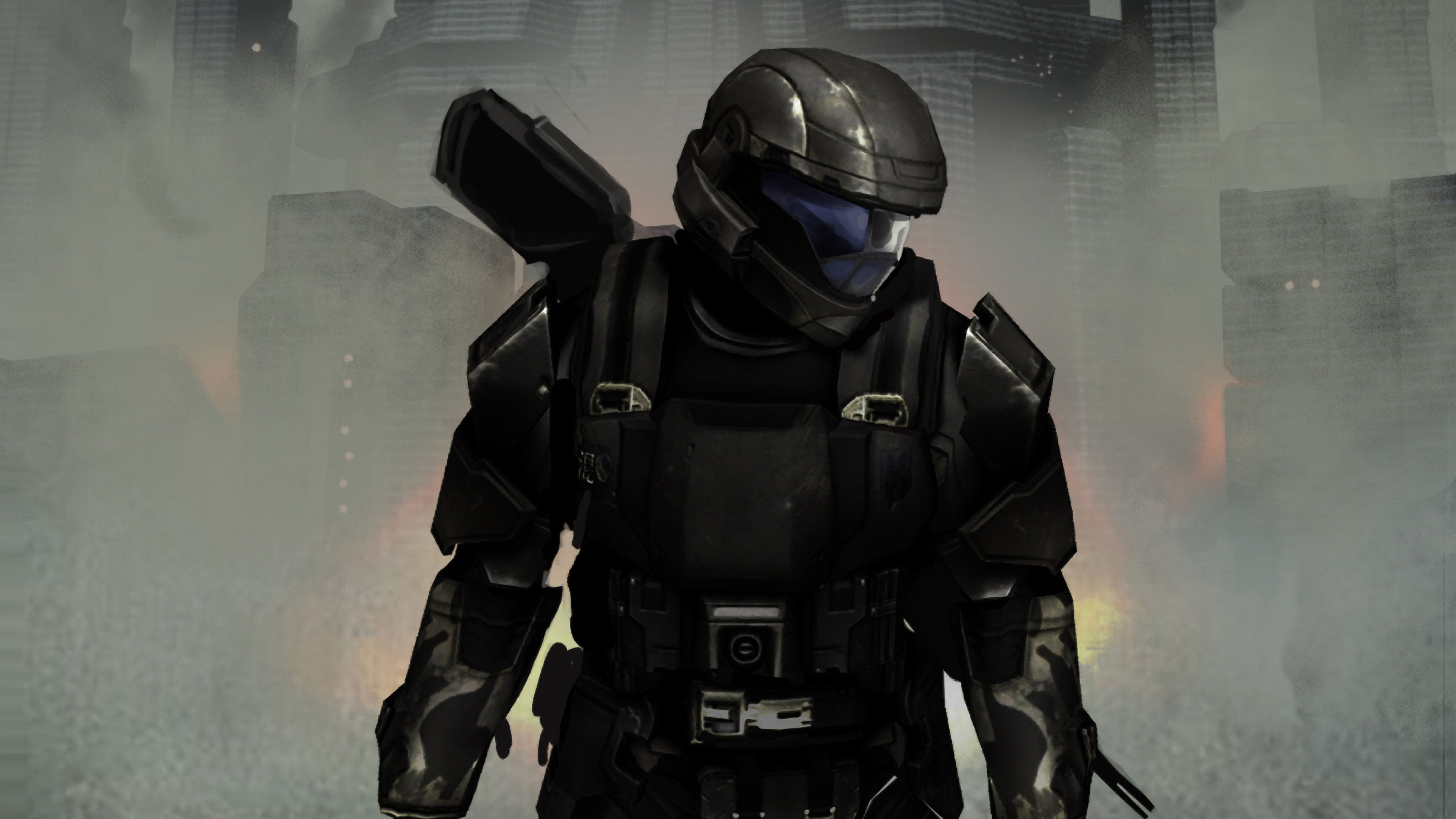 Halo 3 Spartan in a smoky city HD Wallpaper