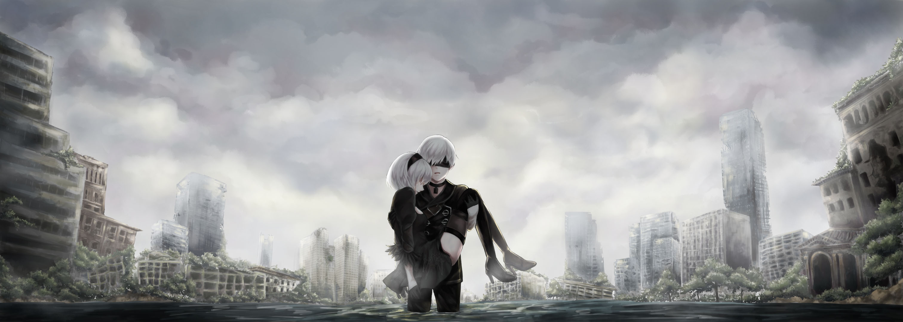 Nier Automata: 2B Carried by 9S in Ruined City HD Wallpaper