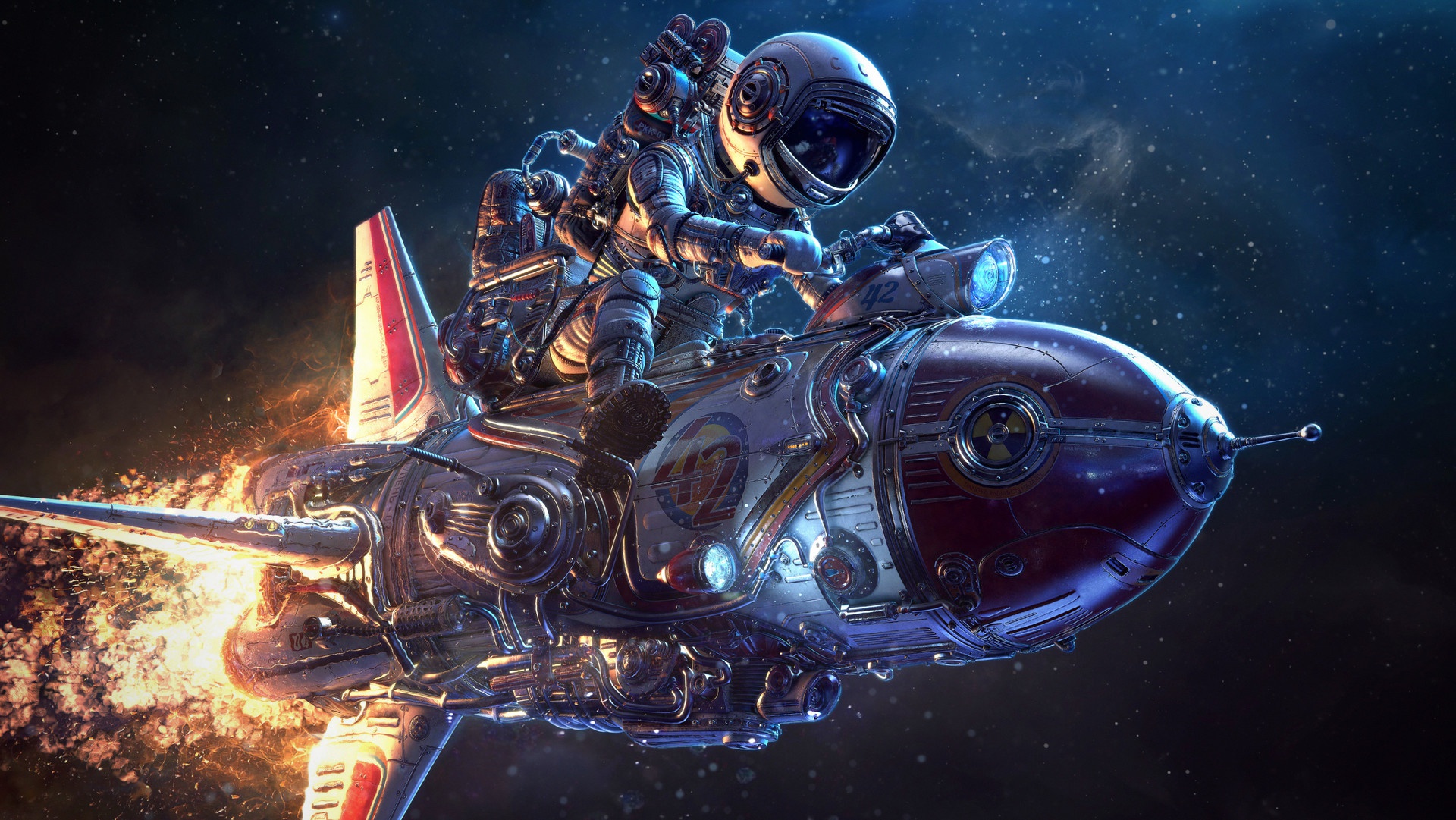 Astronaut riding a steampunk rocket through space HD Wallpaper
