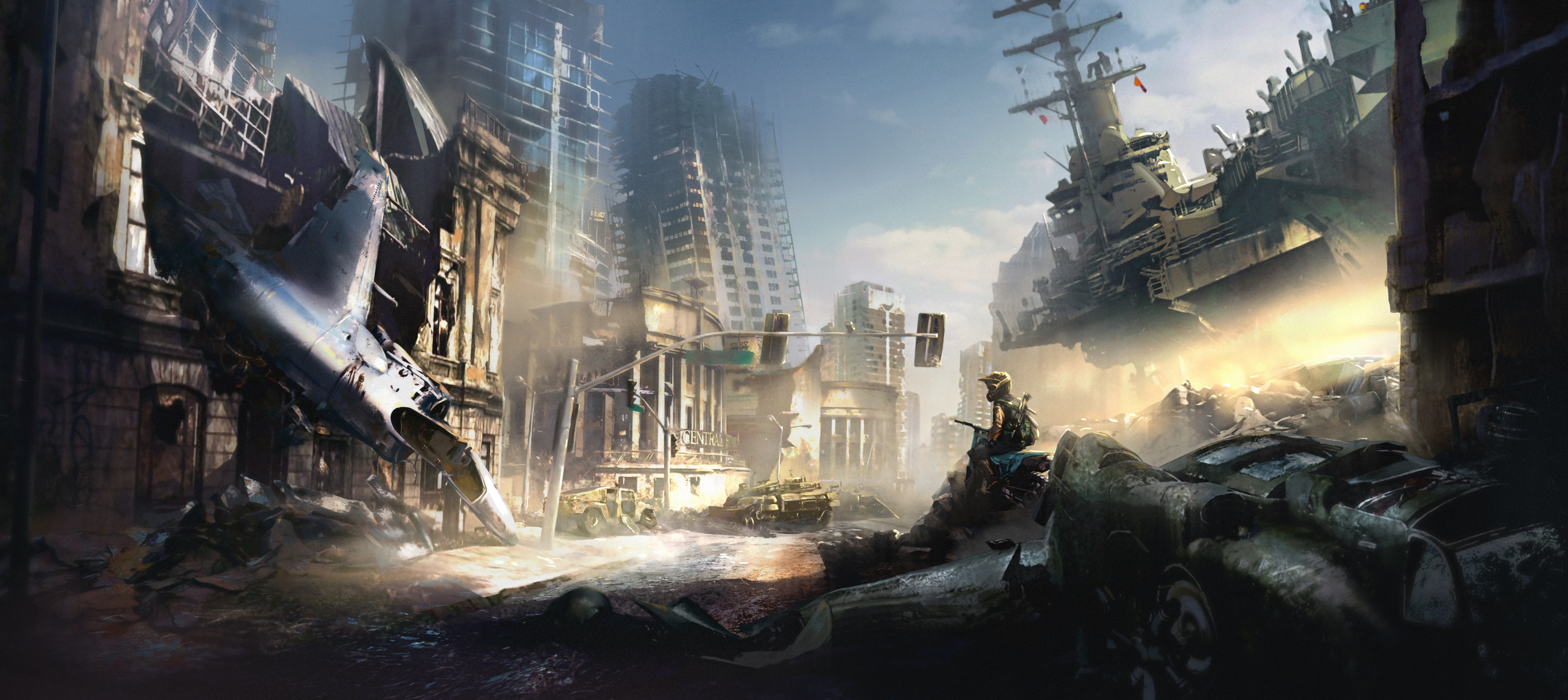 Post-apocalyptic city with destroyed buildings and a soldier HD Wallpaper