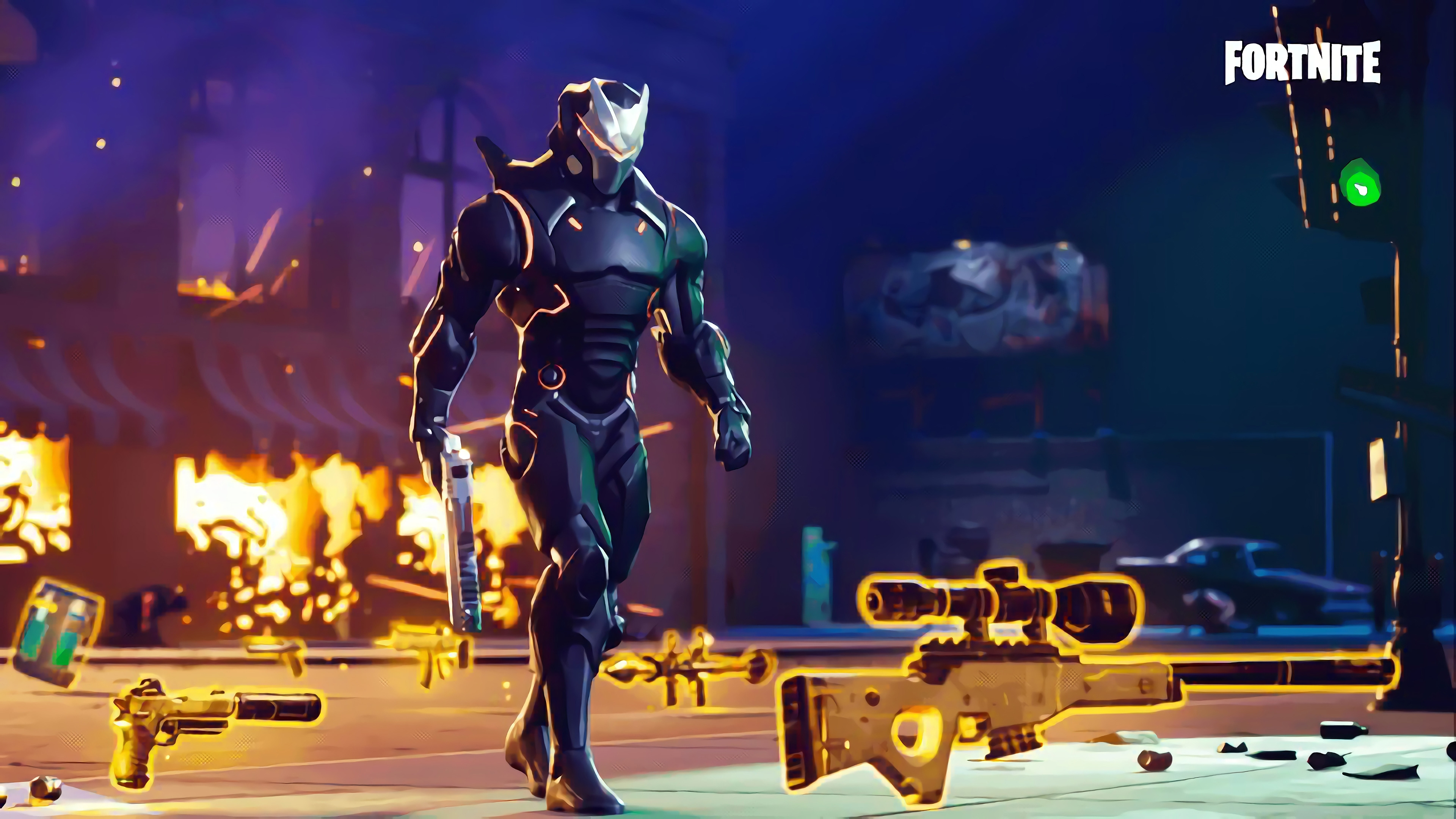 Fortnite Omega Skin with Weapons and Fire HD Wallpaper