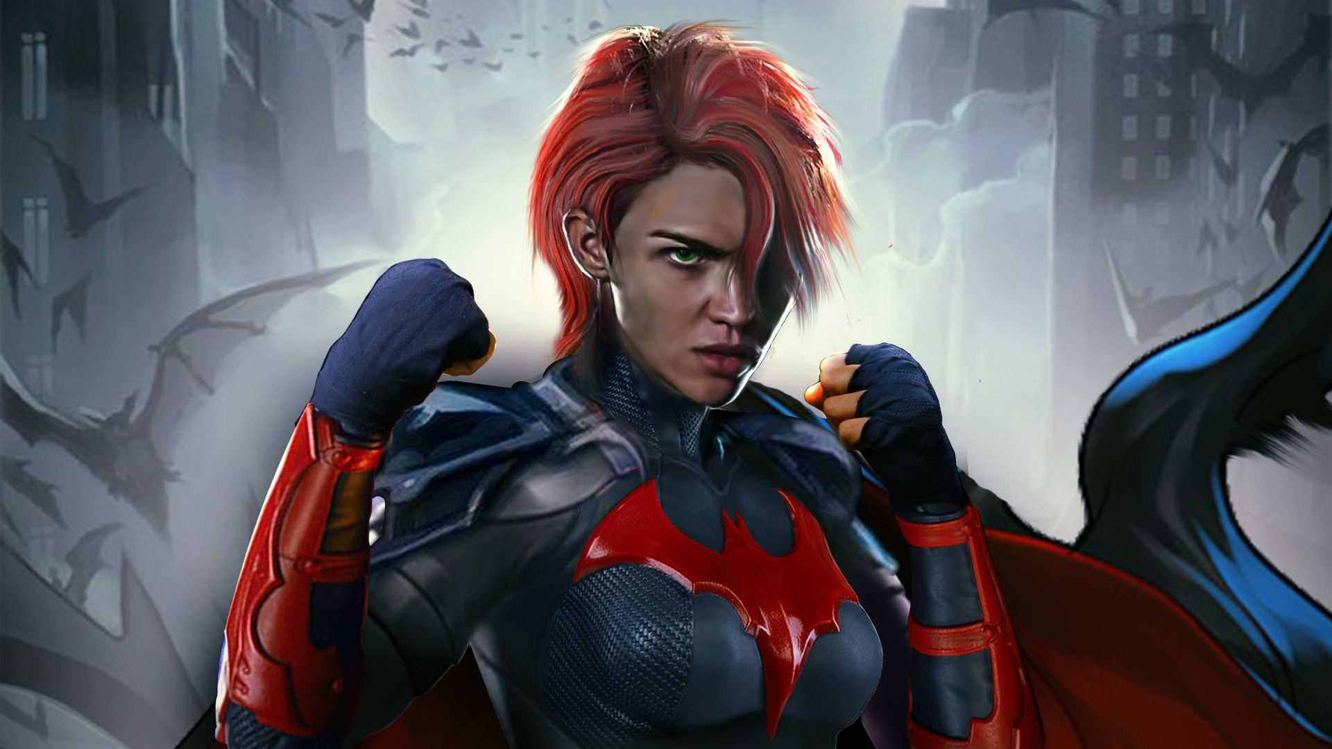 Batwoman with red hair and a bat symbol HD Wallpaper