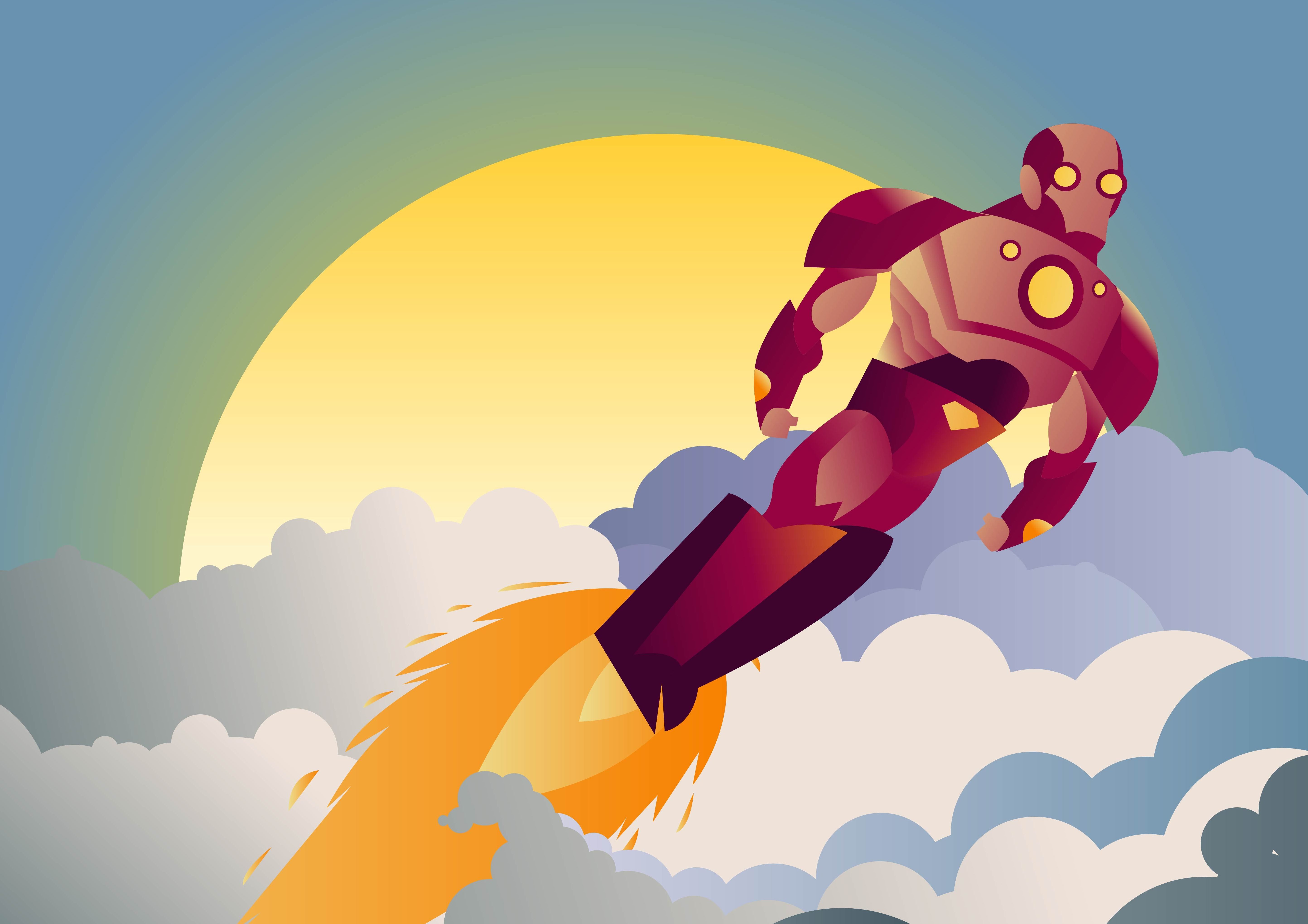 Minimalist Iron Man flying through clouds with sun HD Wallpaper