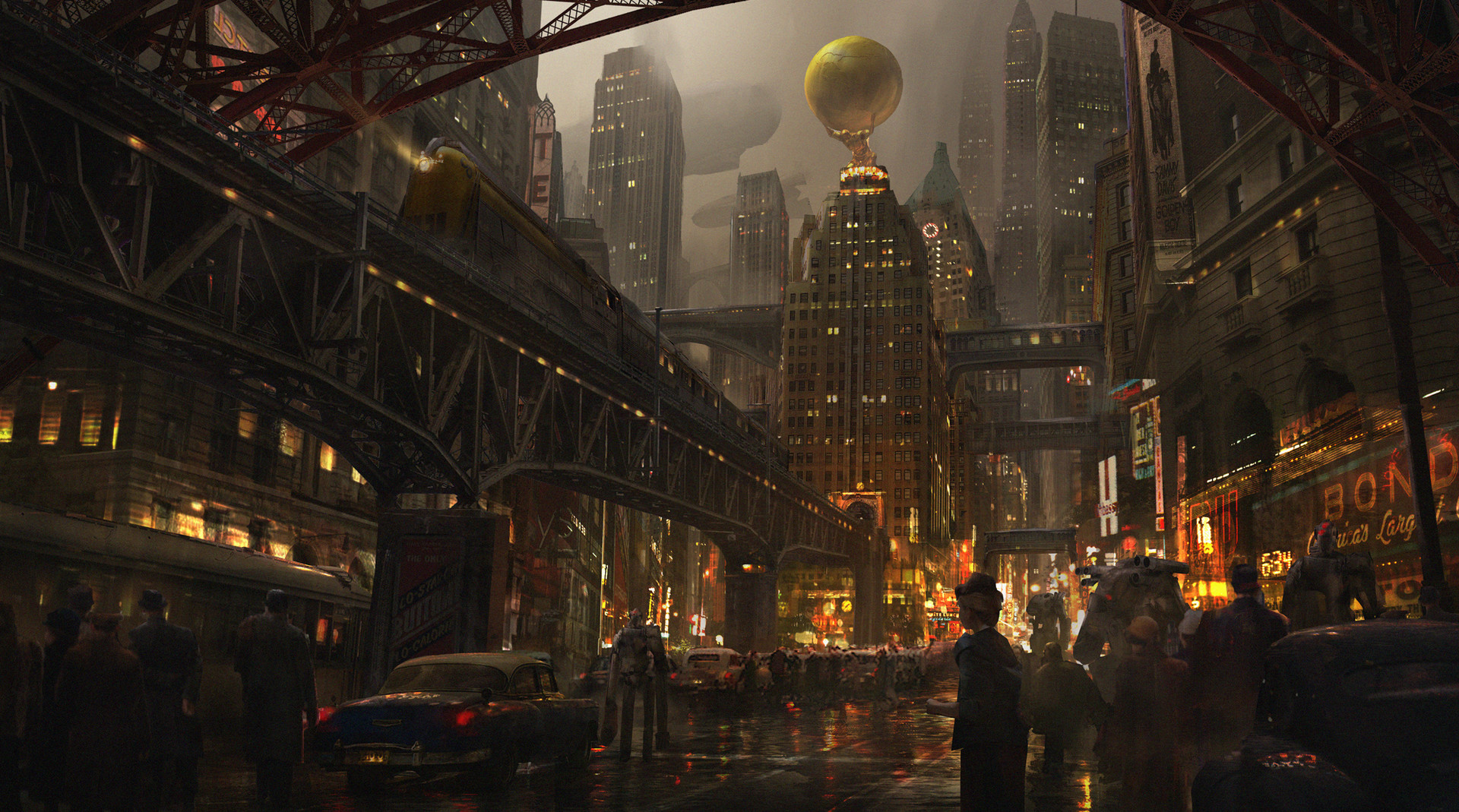 Dieselpunk city with elevated train and zeppelins HD Wallpaper