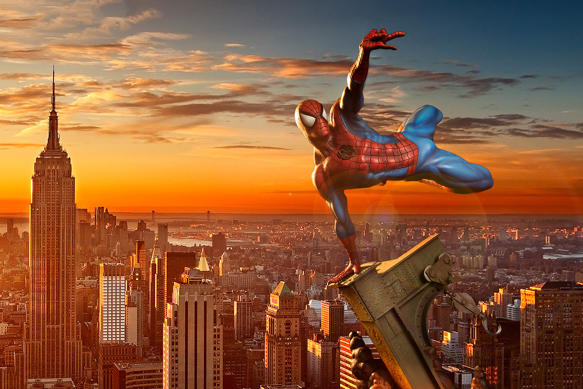 Spiderman on a building in New York City at sunset HD Wallpaper