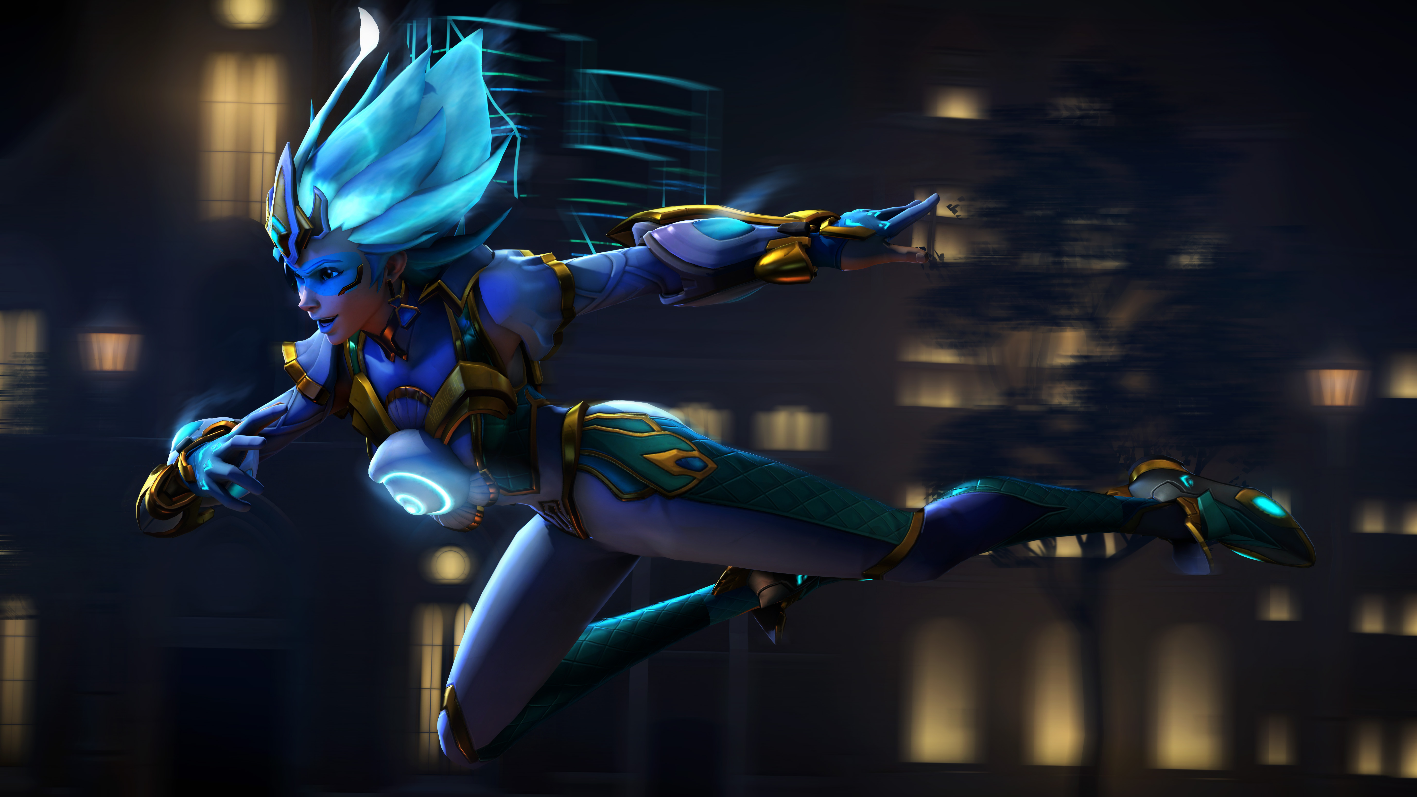 Tracer from Overwatch flying through a city at night HD Wallpaper