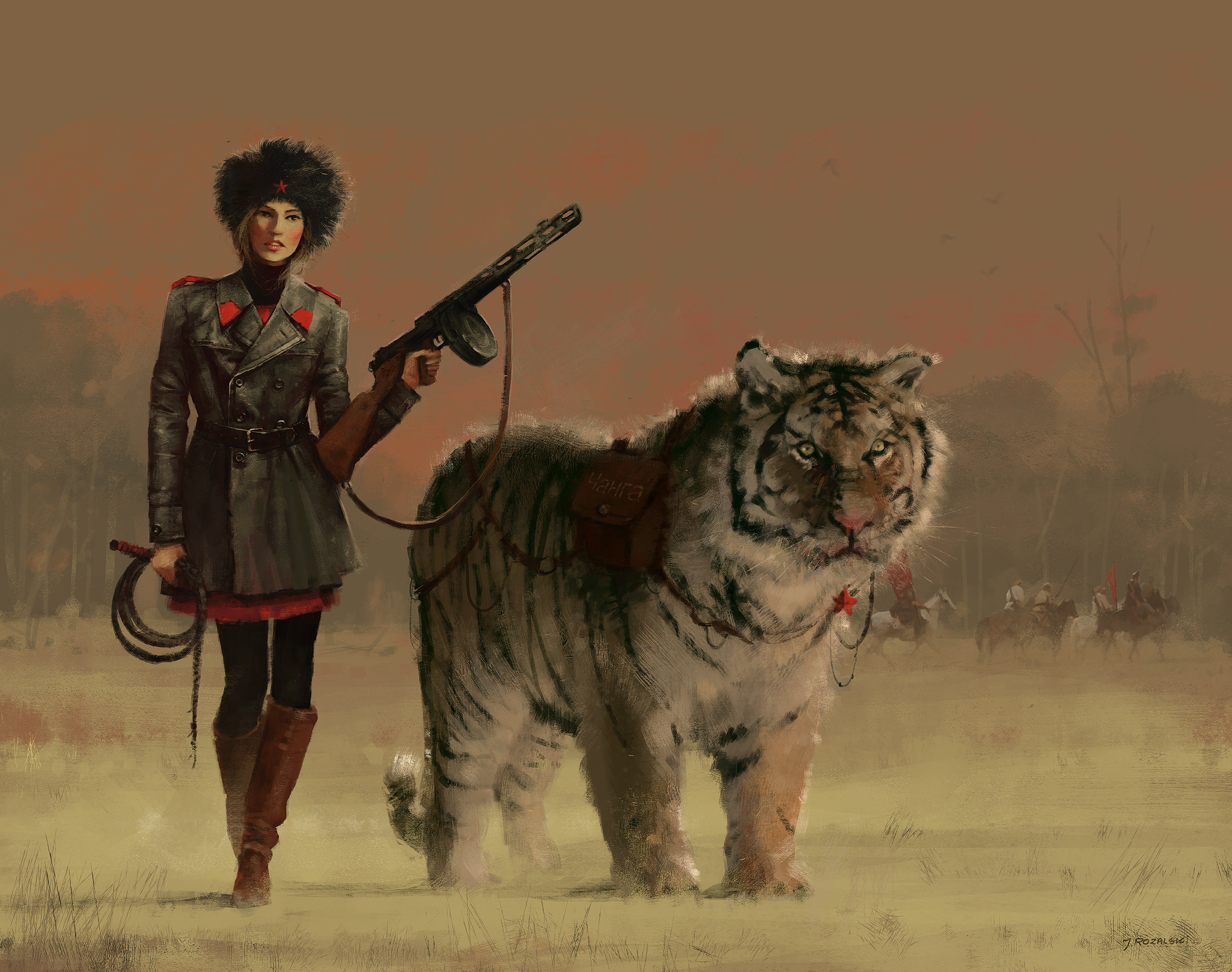 Woman with a tiger and a submachine gun HD Wallpaper
