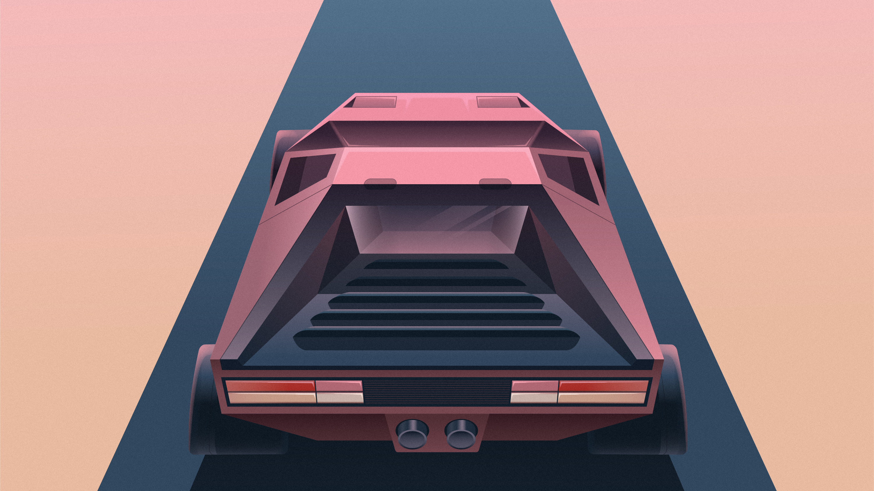 Minimalist artwork of a pink car on a road HD Wallpaper