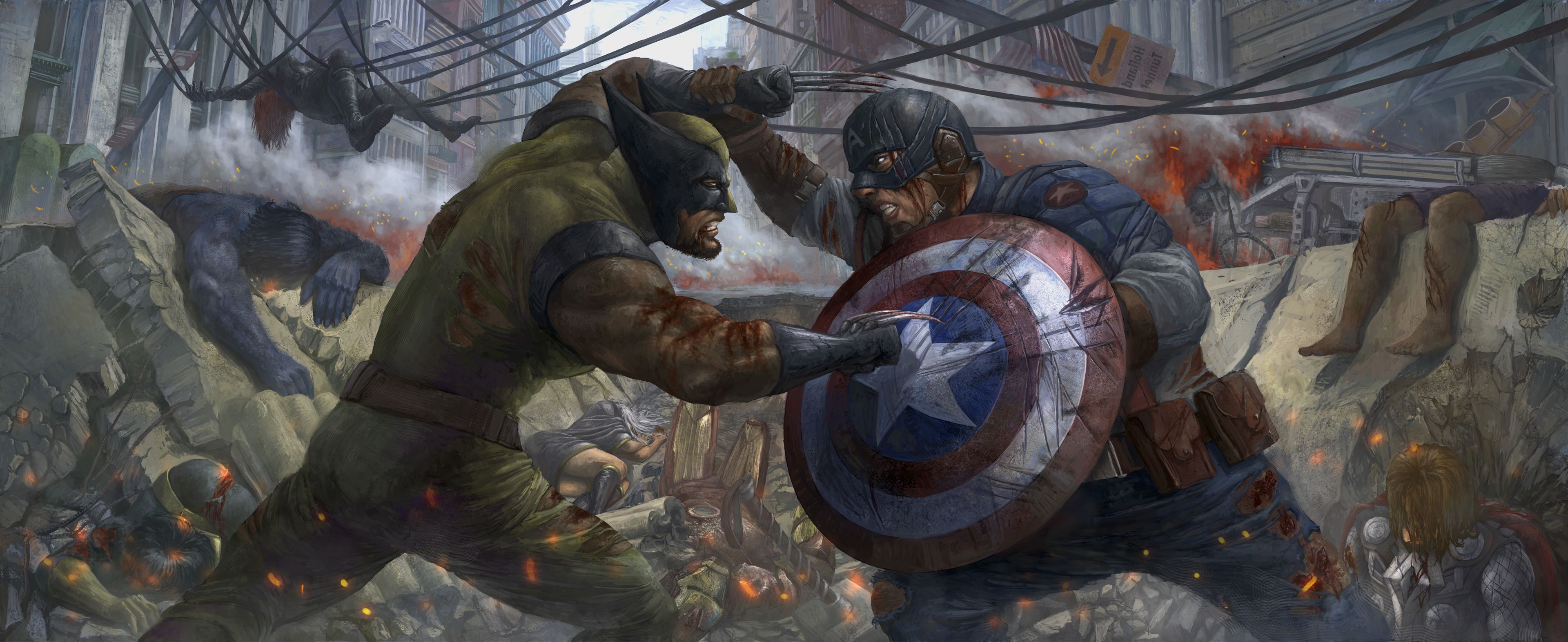 Captain America and Wolverine fight amidst city ruins HD Wallpaper