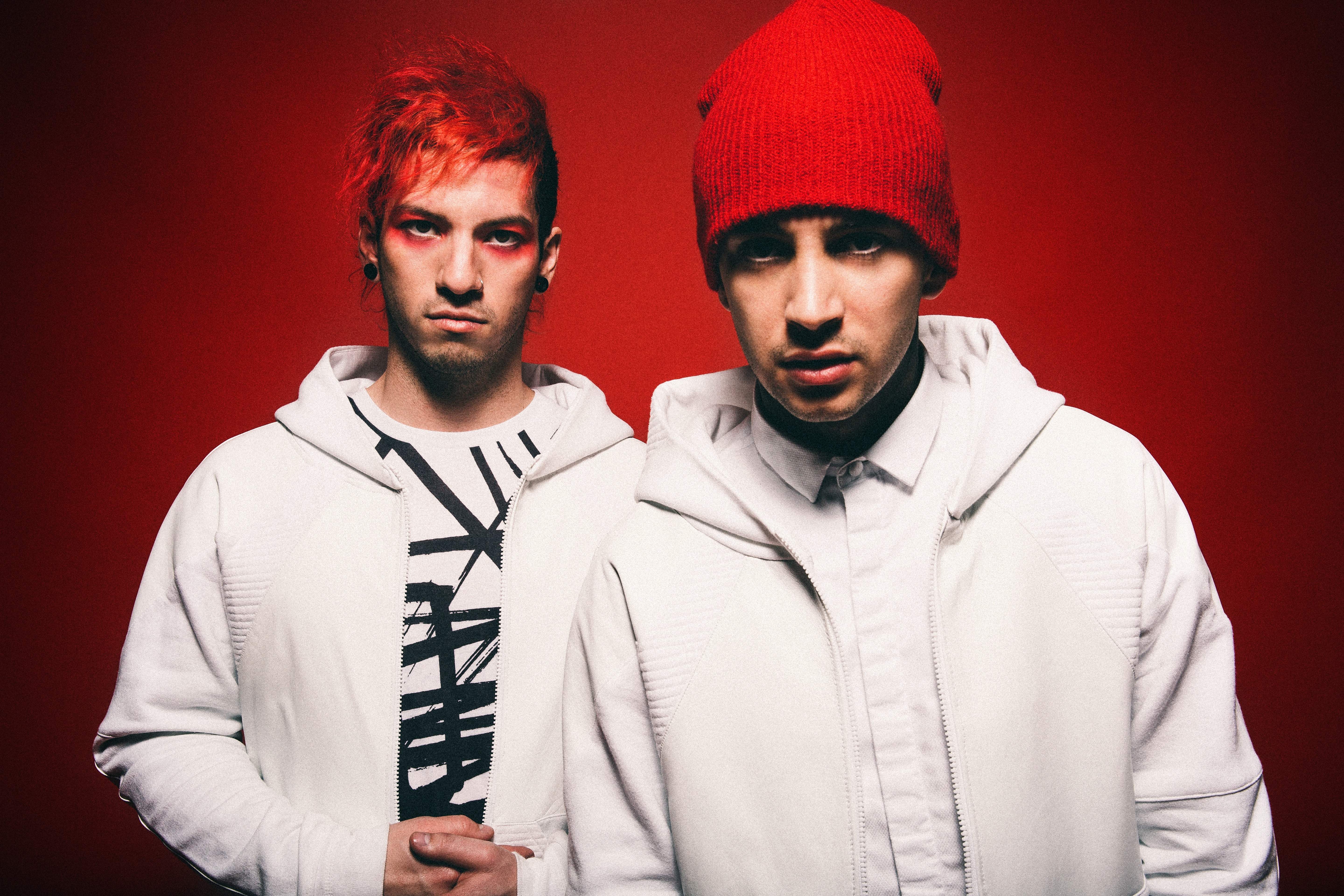 Twenty One Pilots duo in white jackets HD Wallpaper