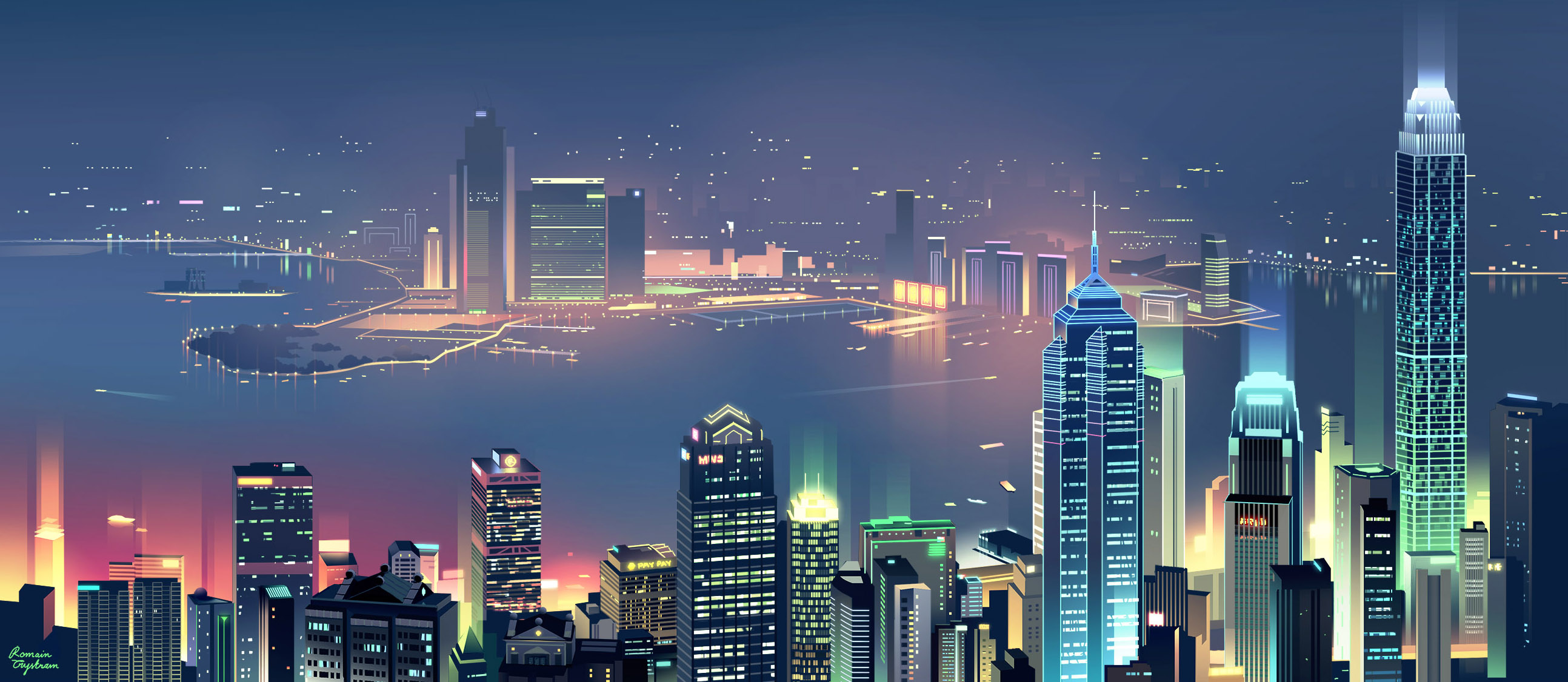 Minimalist digital art of a city skyline at night HD Wallpaper