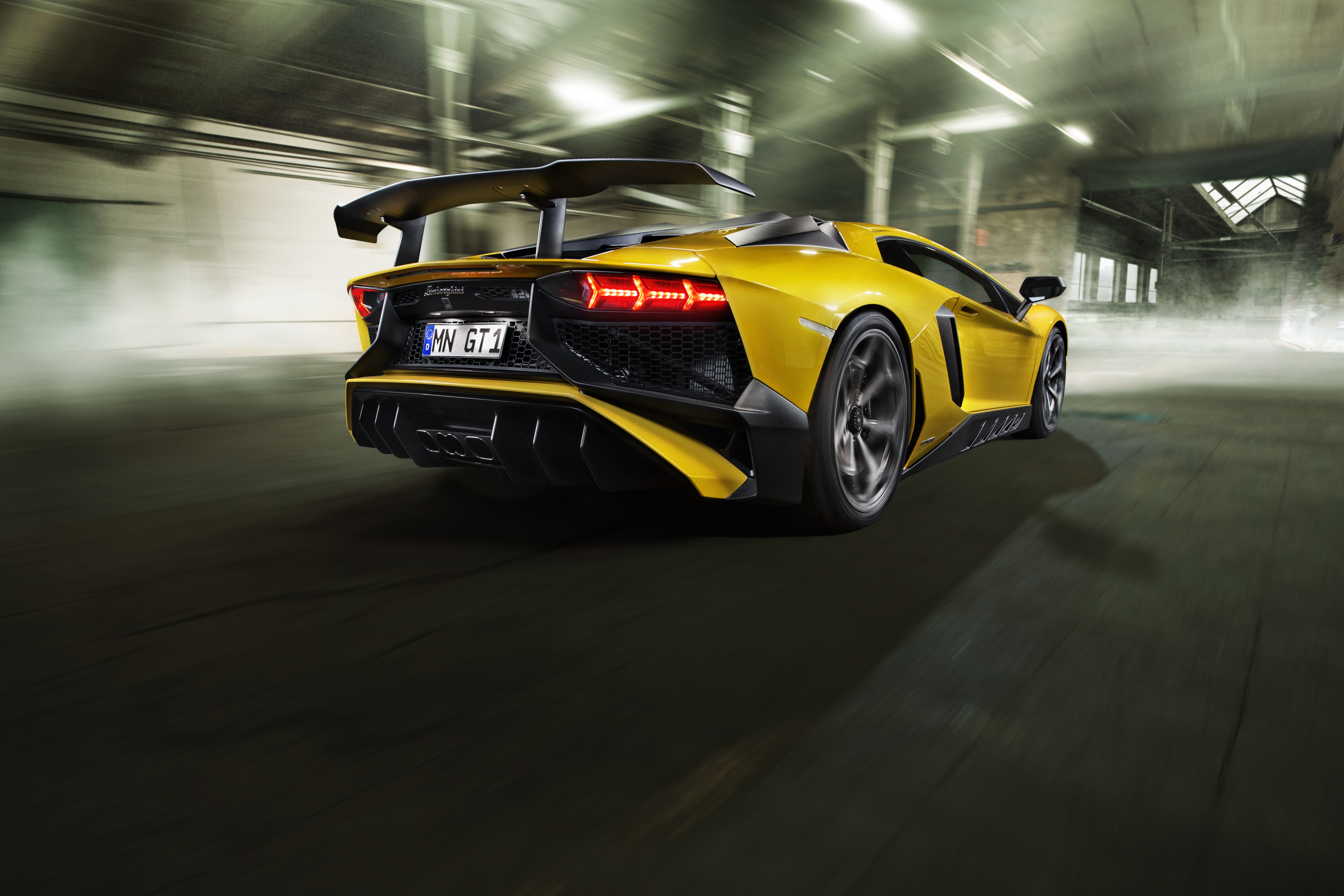 Yellow Lamborghini Aventador GT1 driving fast HD Wallpaper