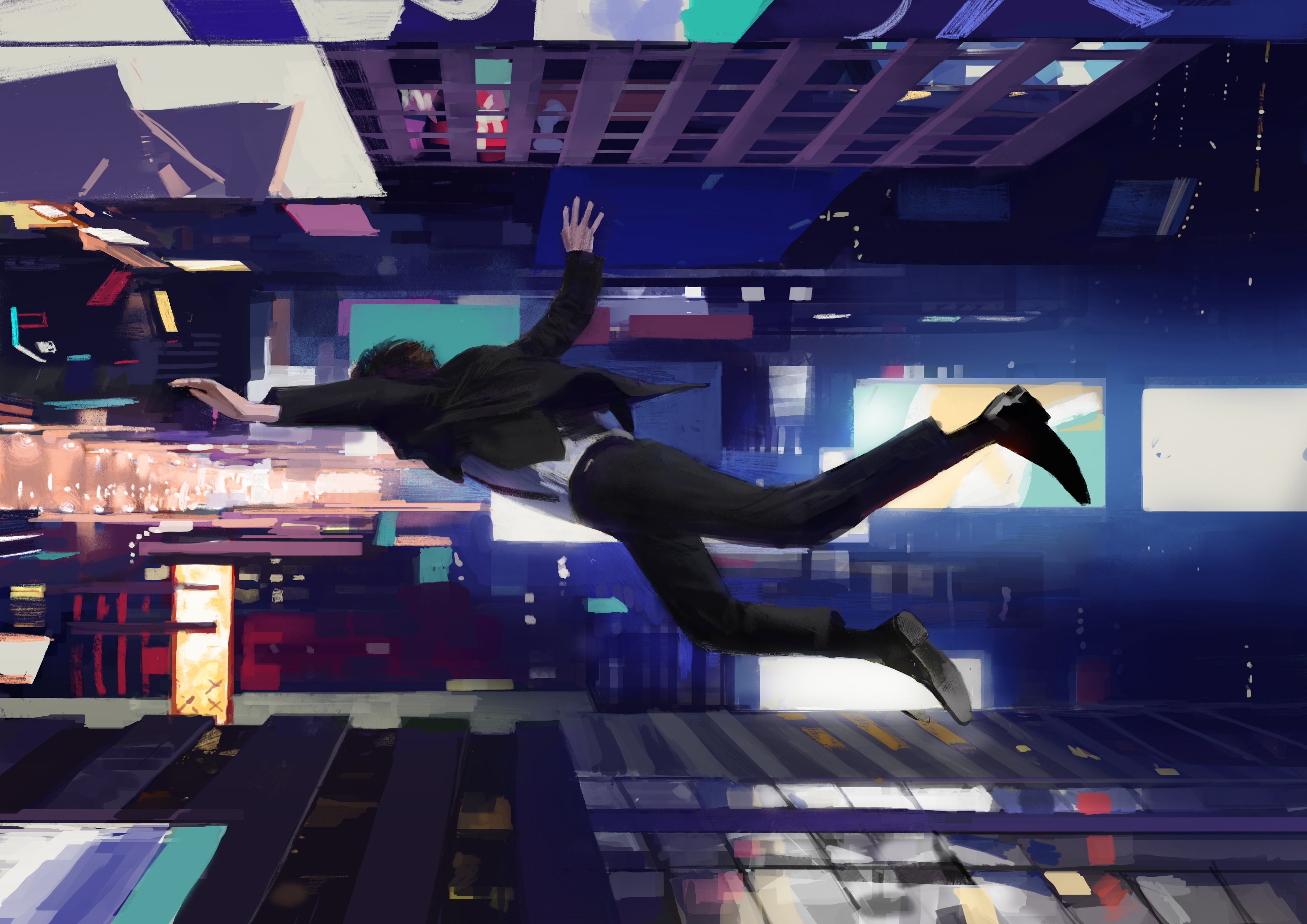 Man in a suit falling through a futuristic city HD Wallpaper
