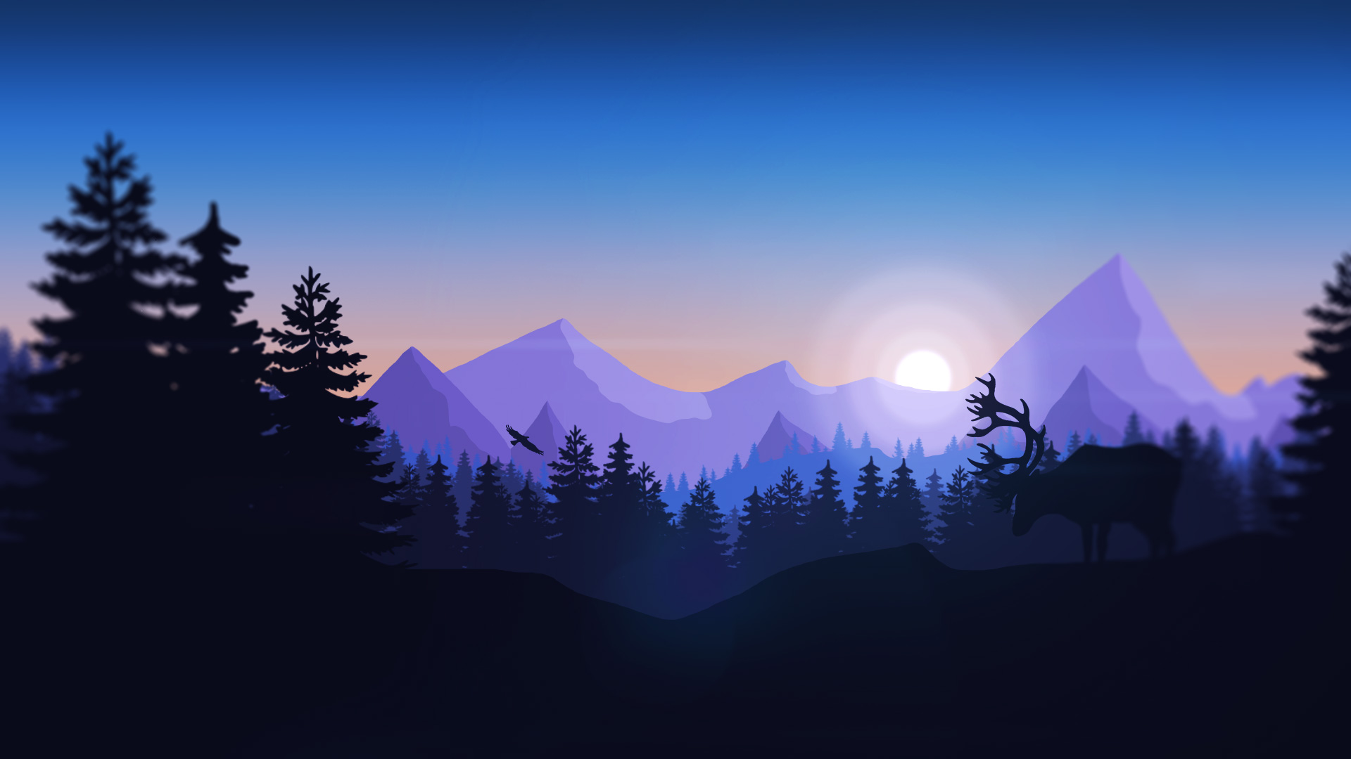 Firewatch Sunset Over Forest and Mountains with Elk HD Wallpaper