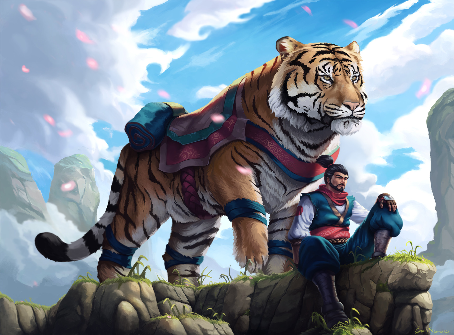 Man and tiger on a mountain with clouds HD Wallpaper
