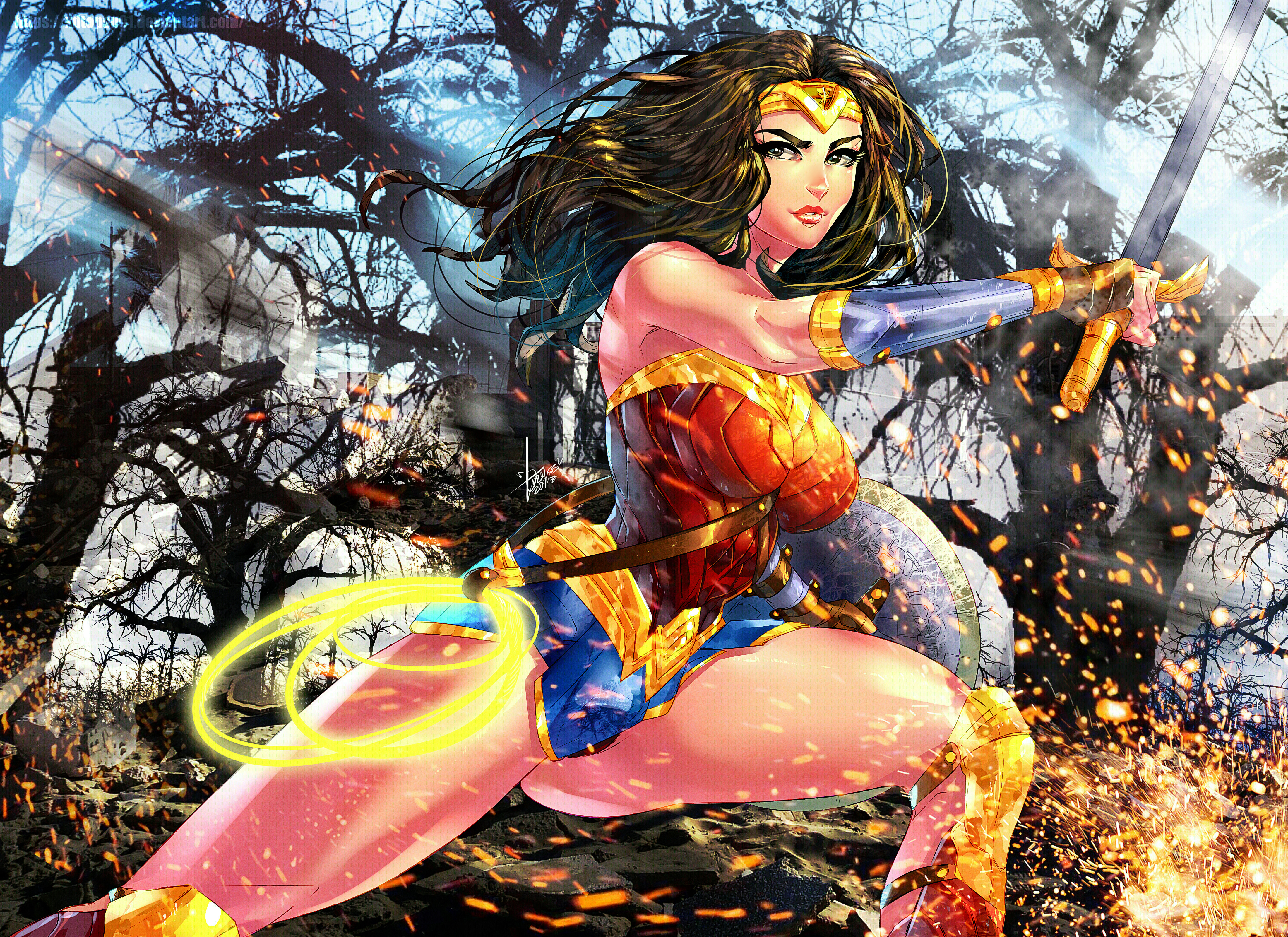 Wonder Woman in a forest with sparks HD Wallpaper
