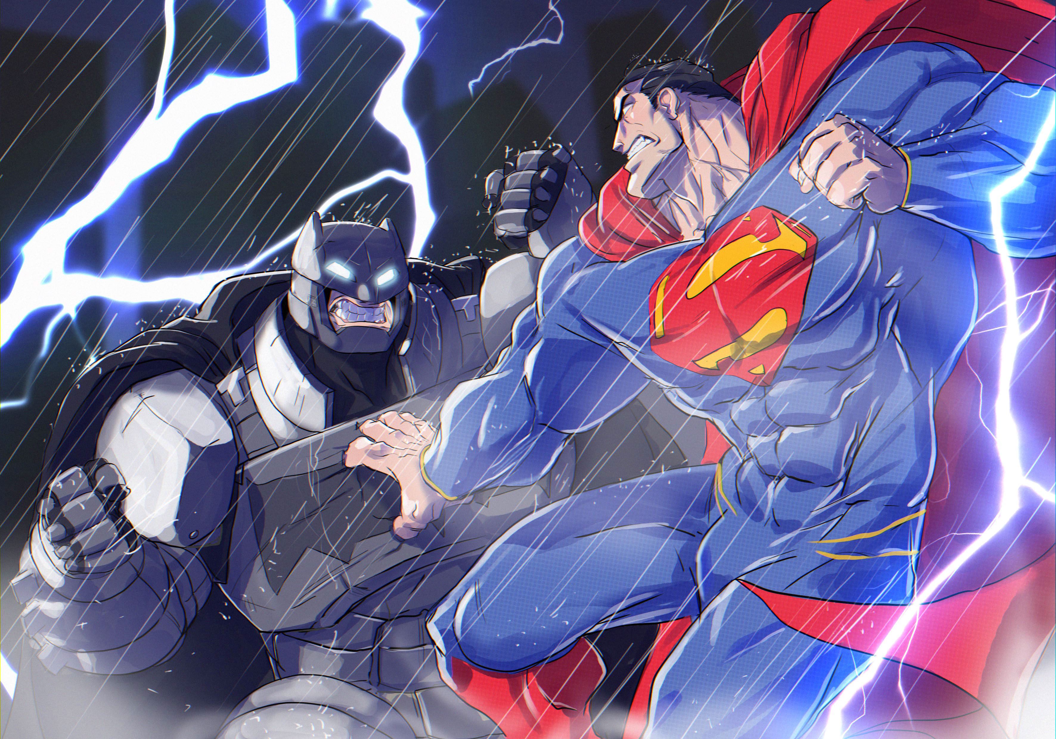 Superman and Batman fighting in the rain HD Wallpaper