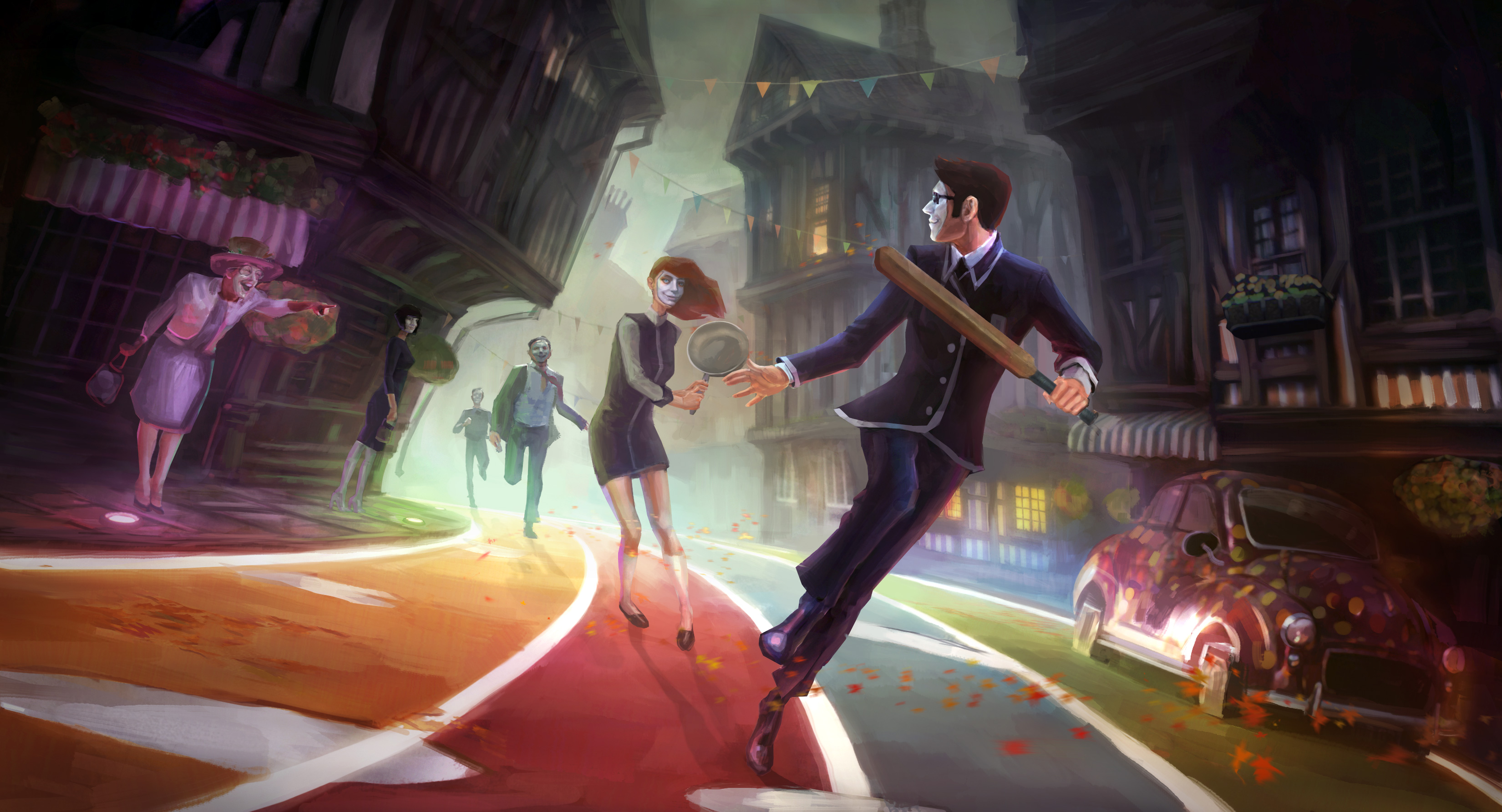 We Happy Few characters in a street scene HD Wallpaper