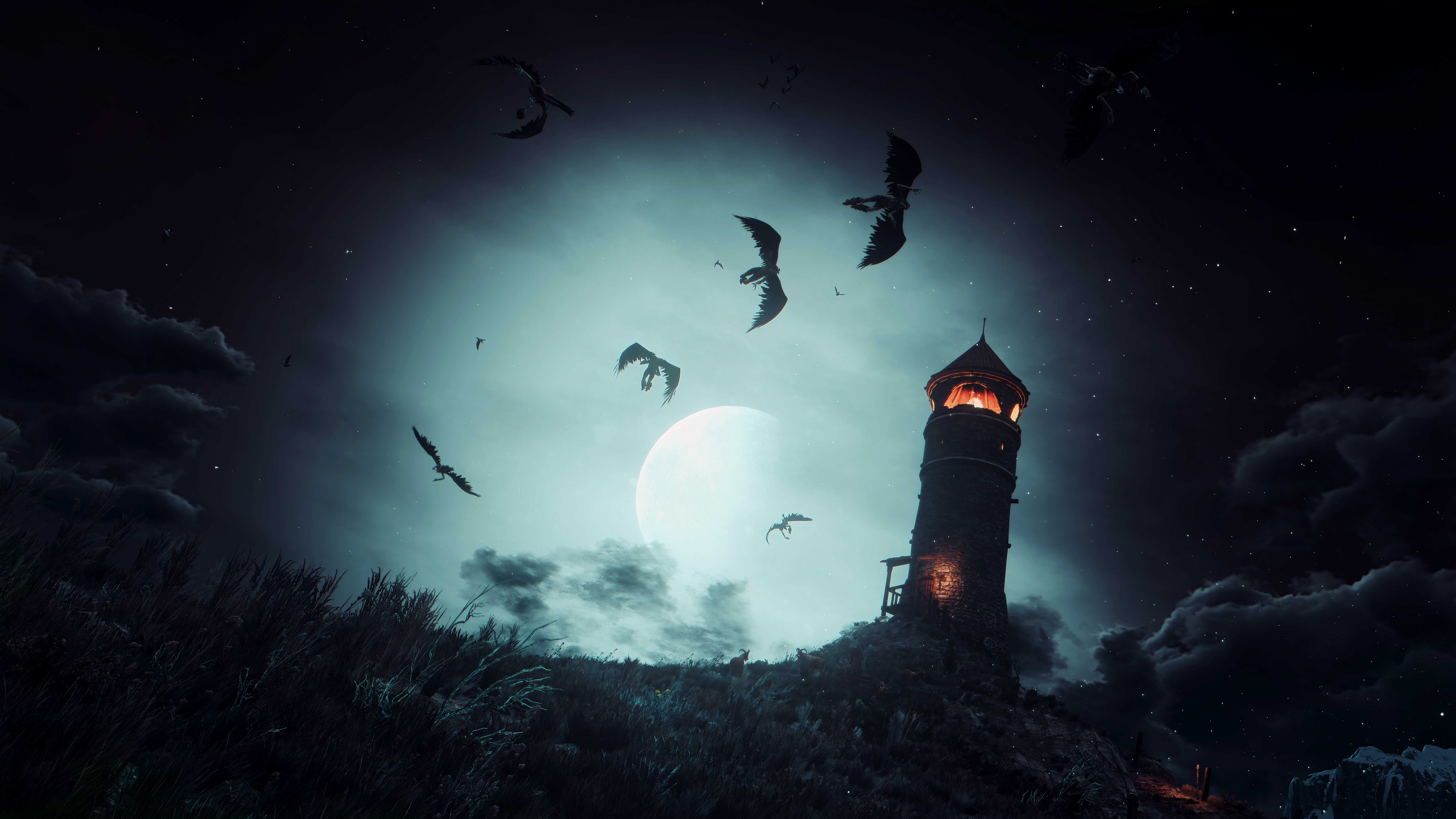 The Witcher 3 Dragons and Lighthouse at Night HD Wallpaper