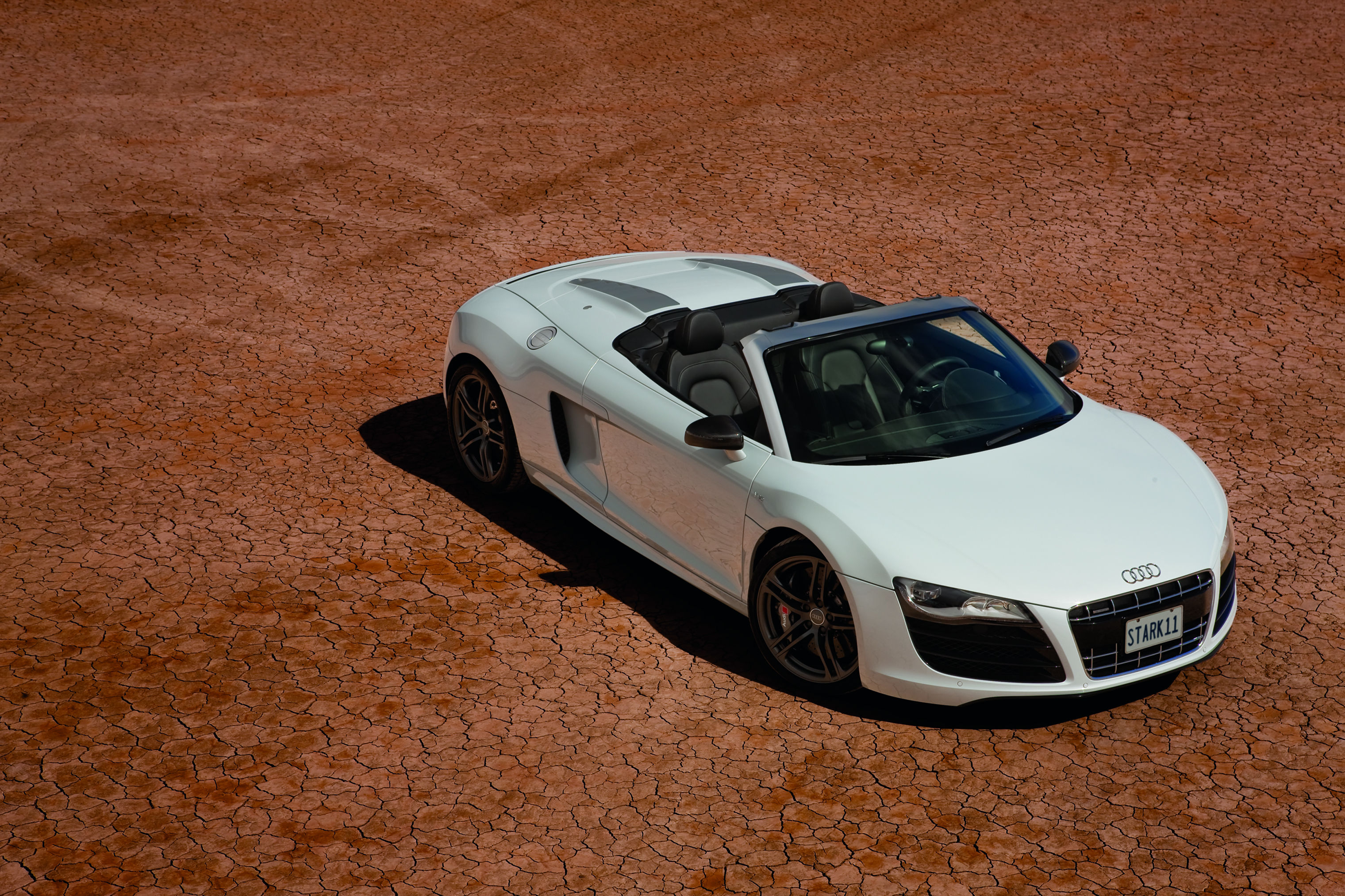 White Audi R8 Convertible on Cracked Earth HD Wallpaper