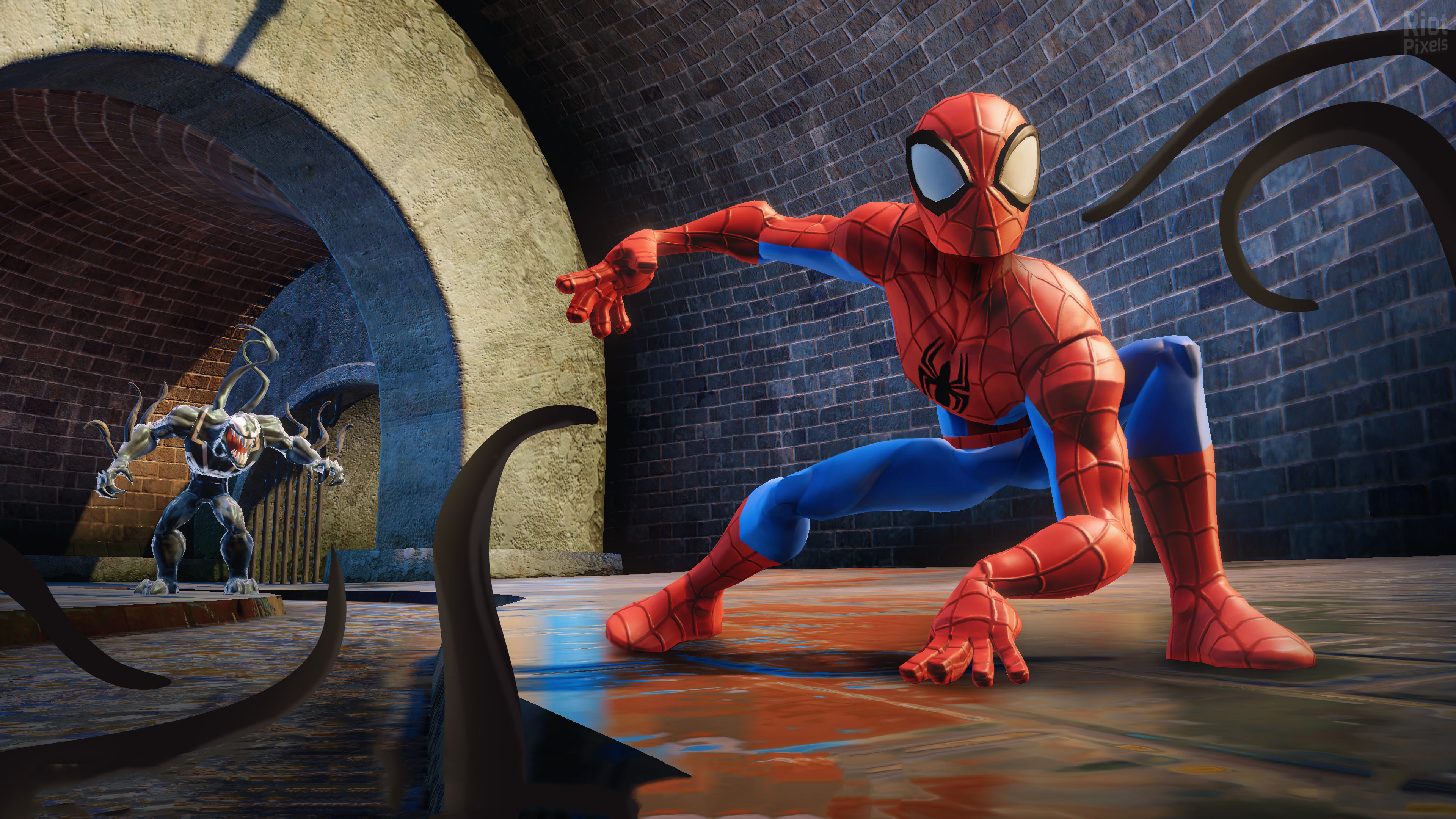 Spiderman fighting Venom in a sewer HD Wallpaper