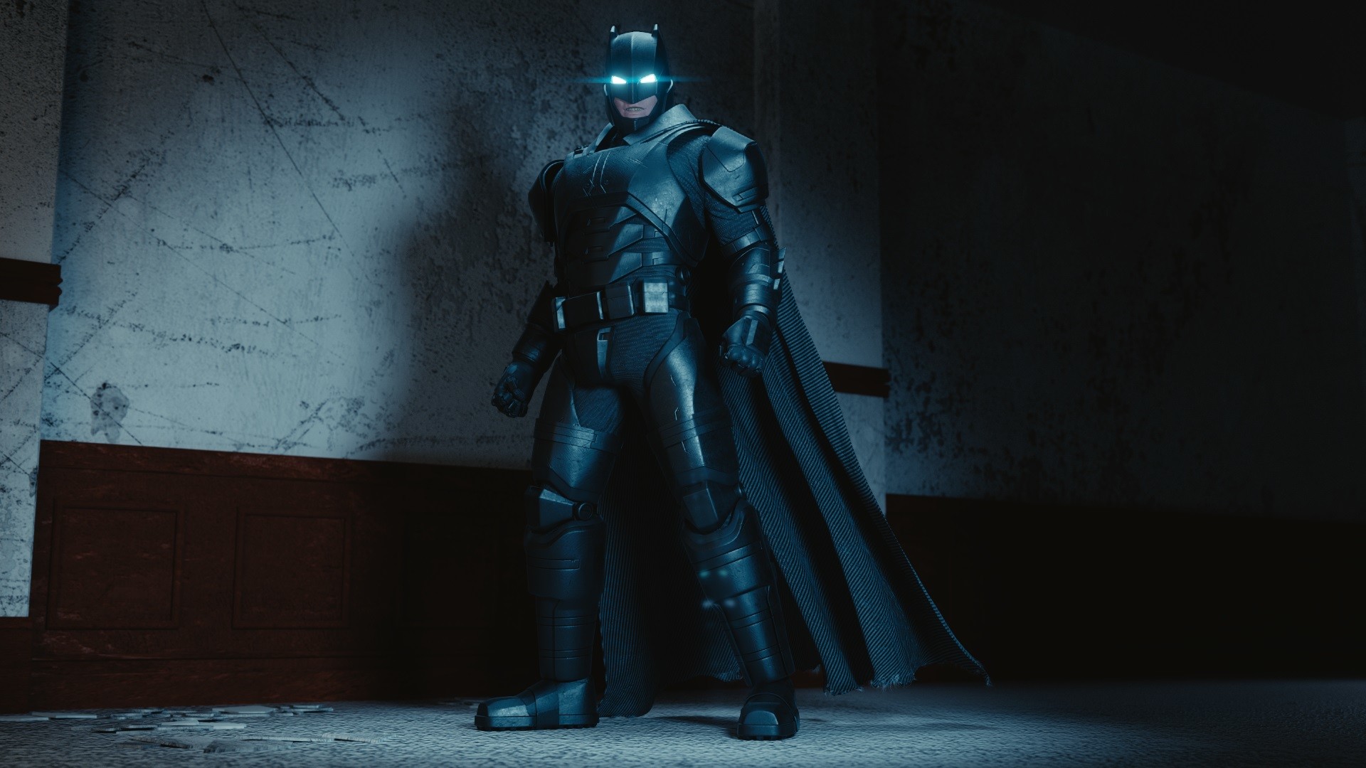 Batman in Armored Suit Standing in Dark Room HD Wallpaper