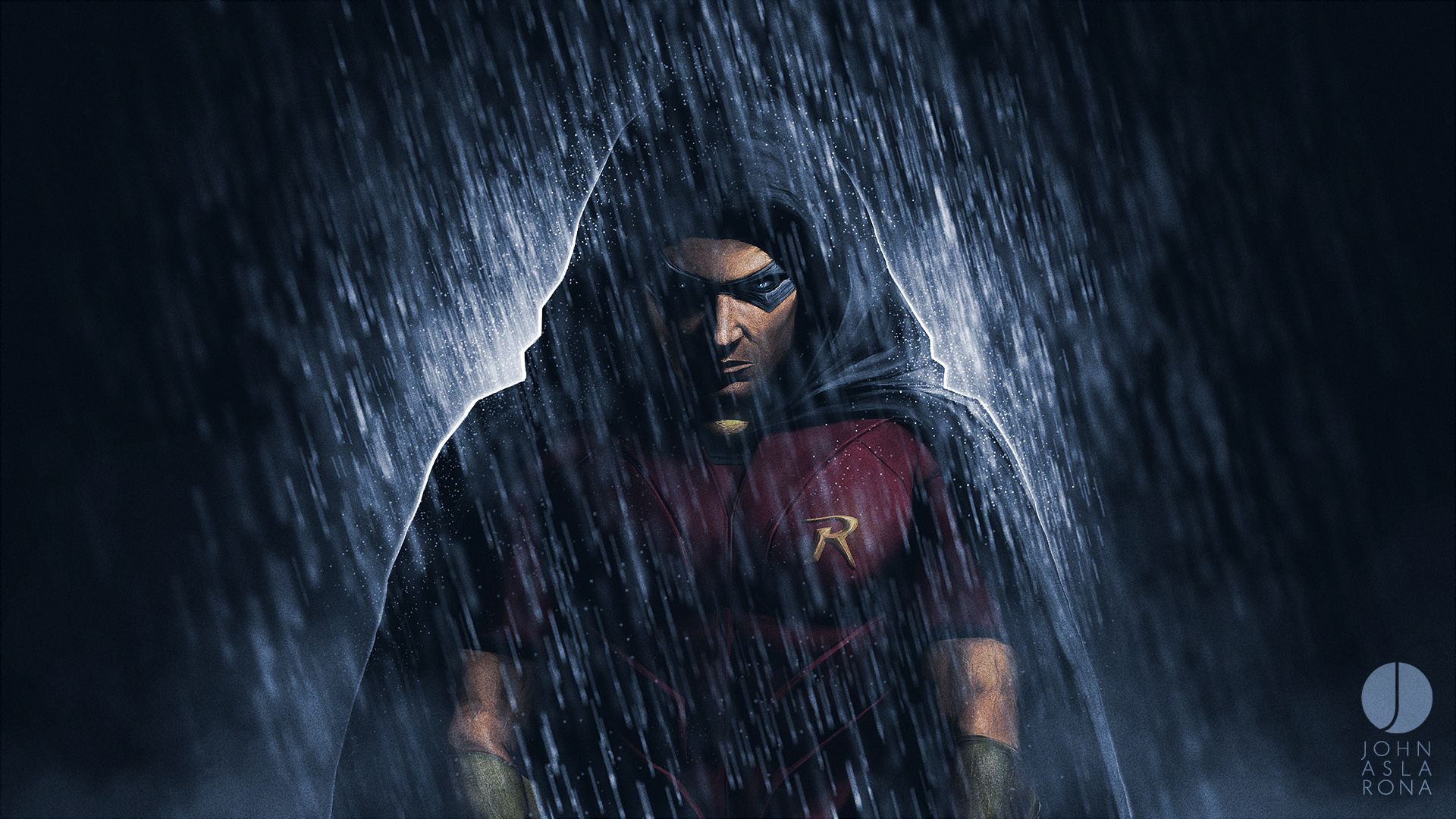 Robin in the rain artwork HD Wallpaper