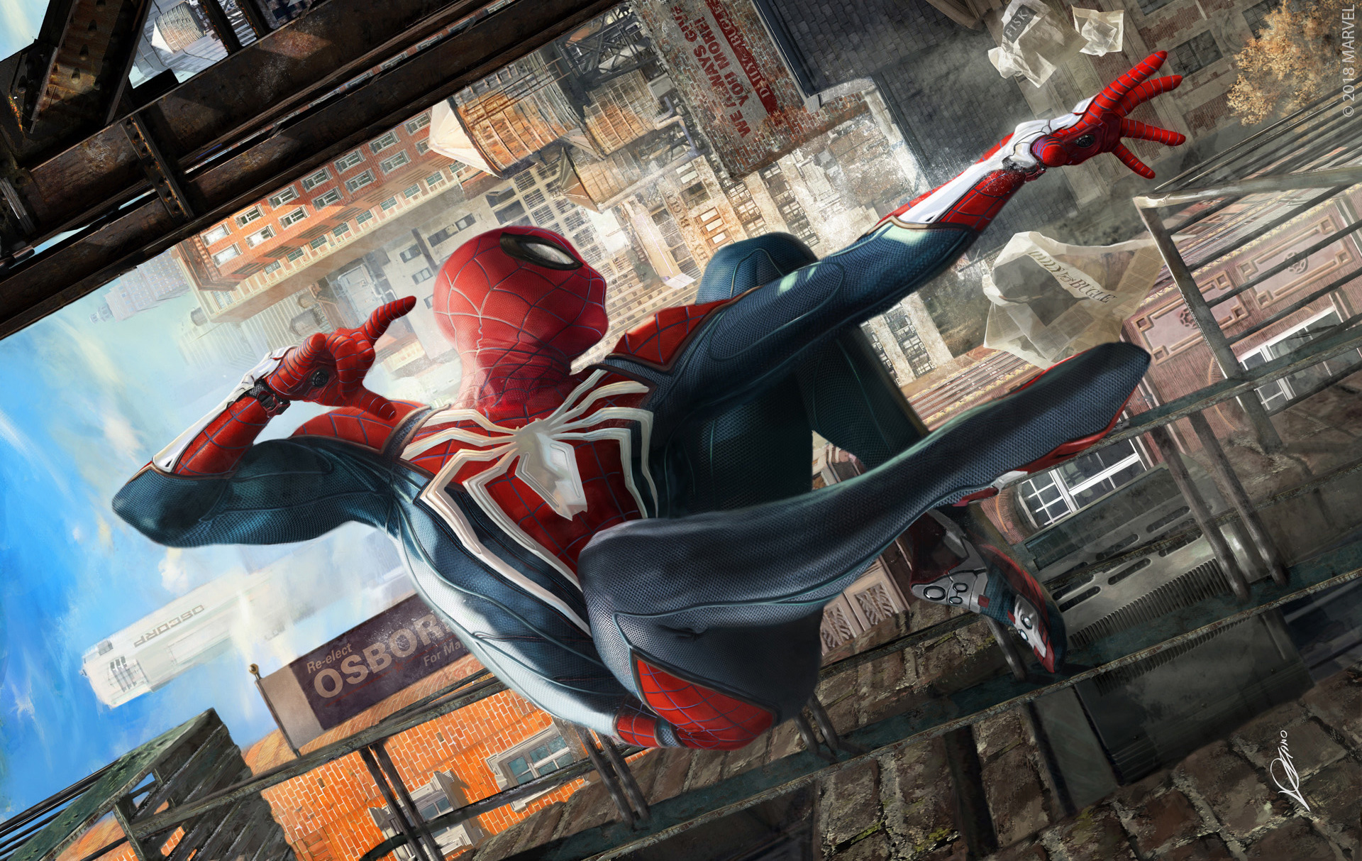 Spider-Man swinging through a city HD Wallpaper
