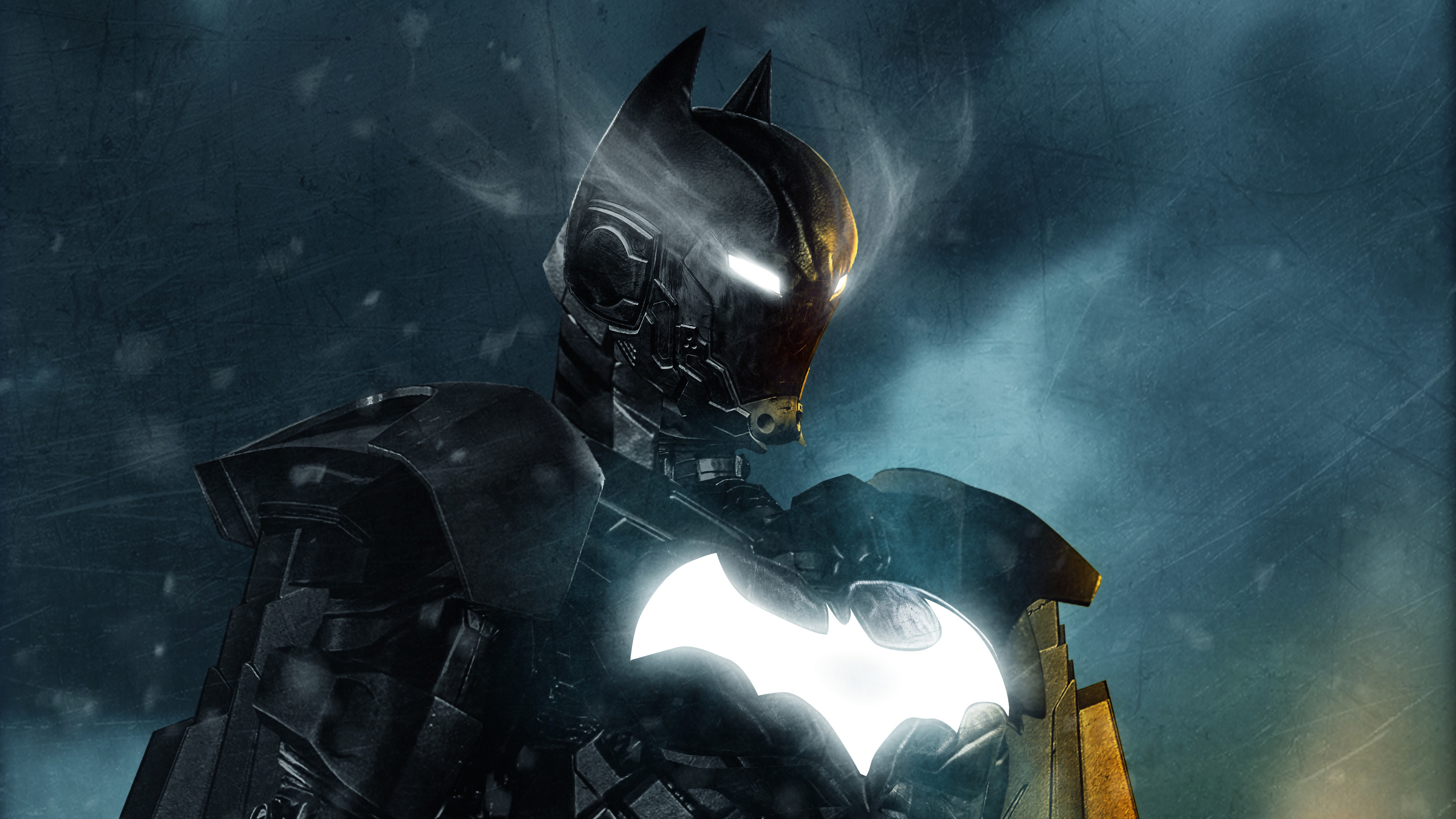 Batman artwork with glowing bat symbol HD Wallpaper