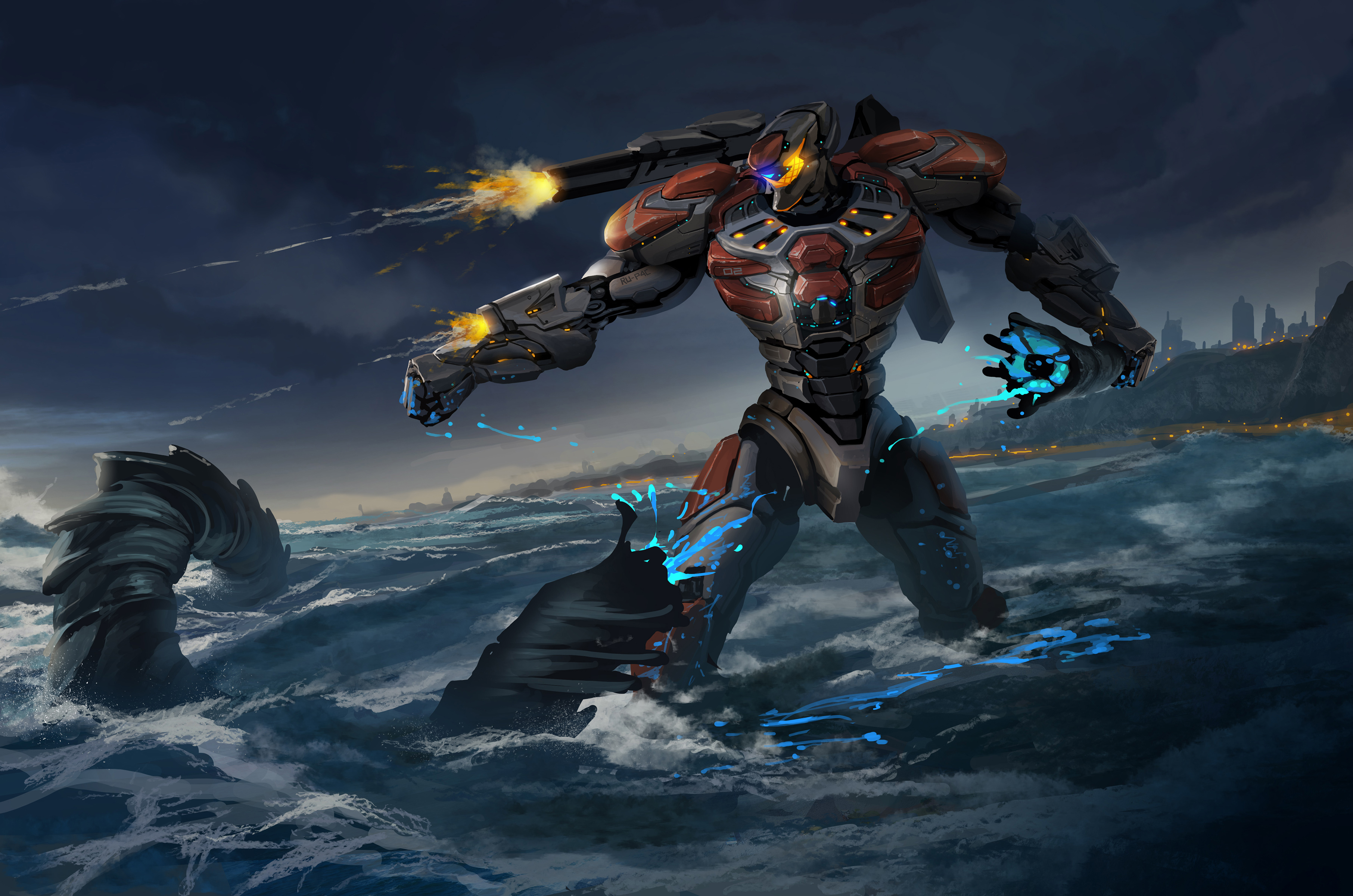 Robot firing weapons in the ocean HD Wallpaper
