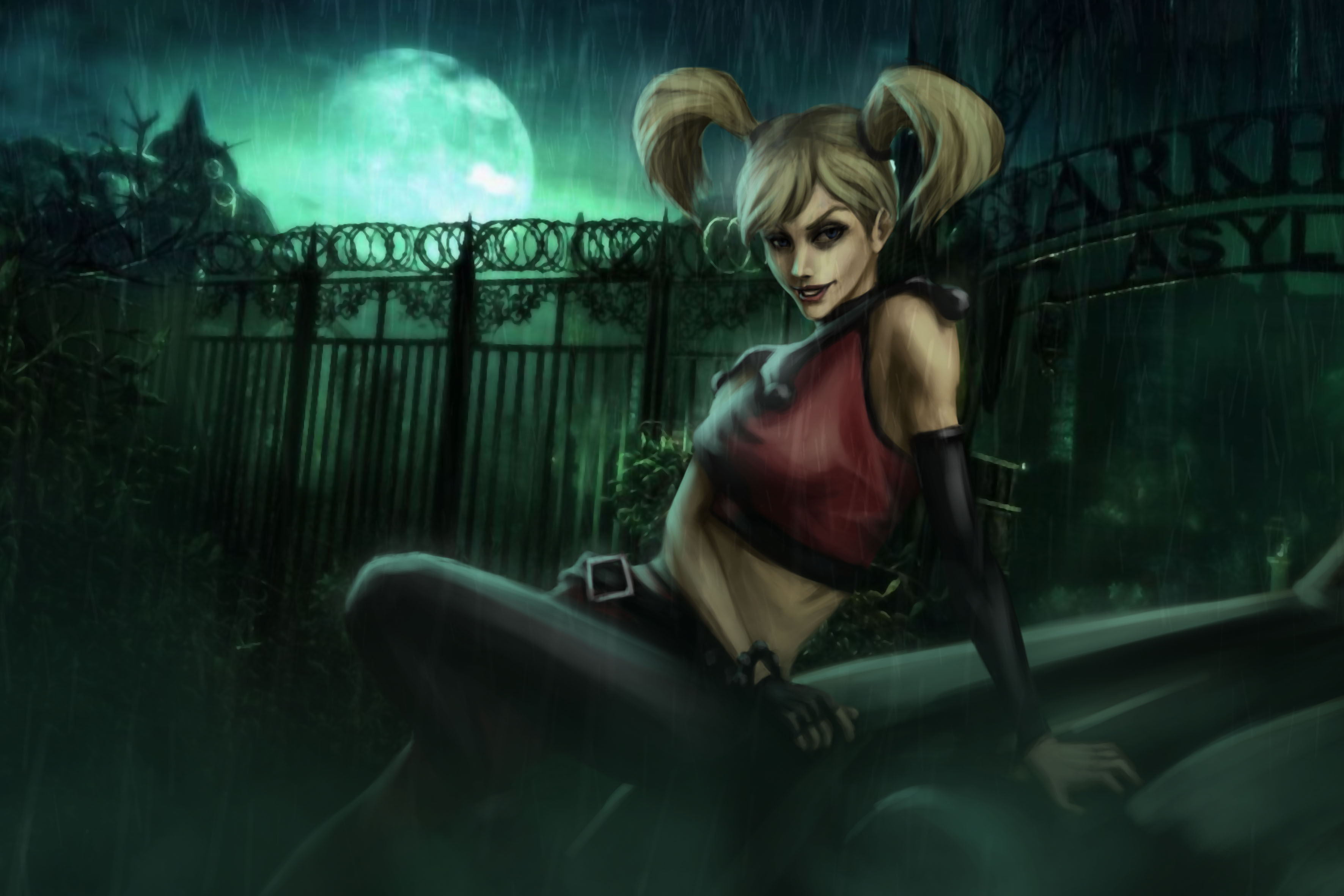 Harley Quinn artwork in front of Arkham Asylum HD Wallpaper
