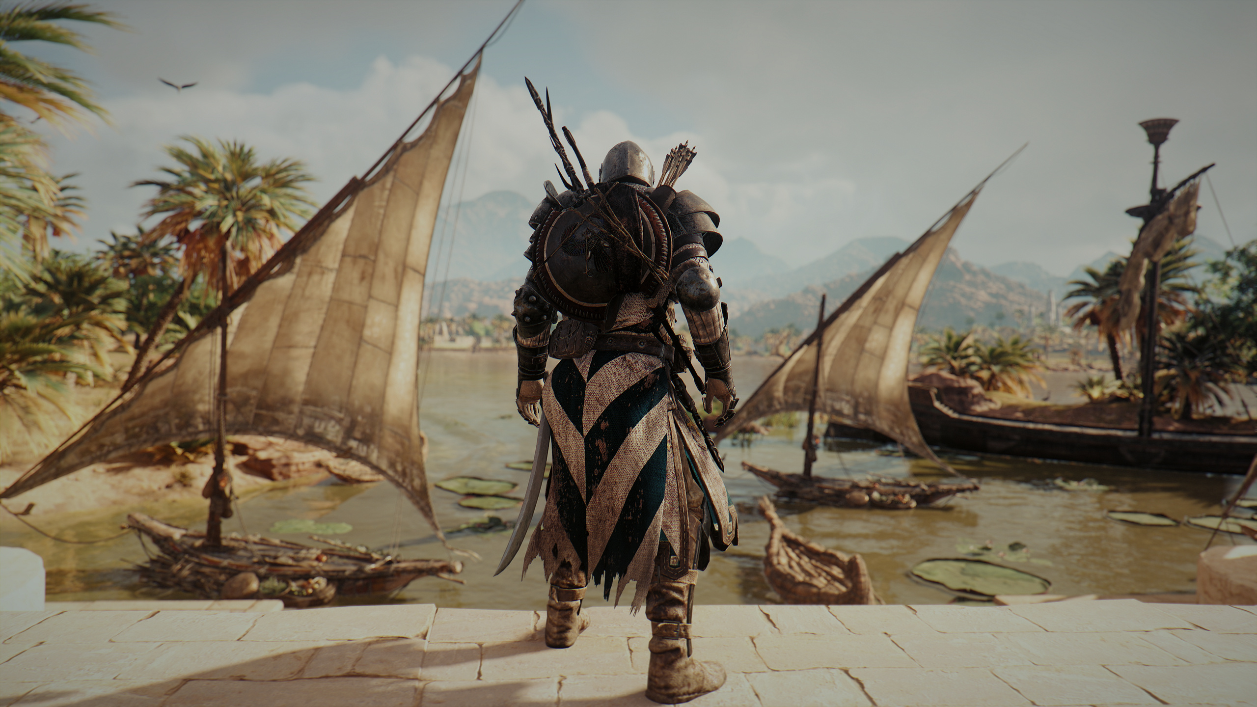 Assassin's Creed Origins Bayek with boats and palm trees HD Wallpaper