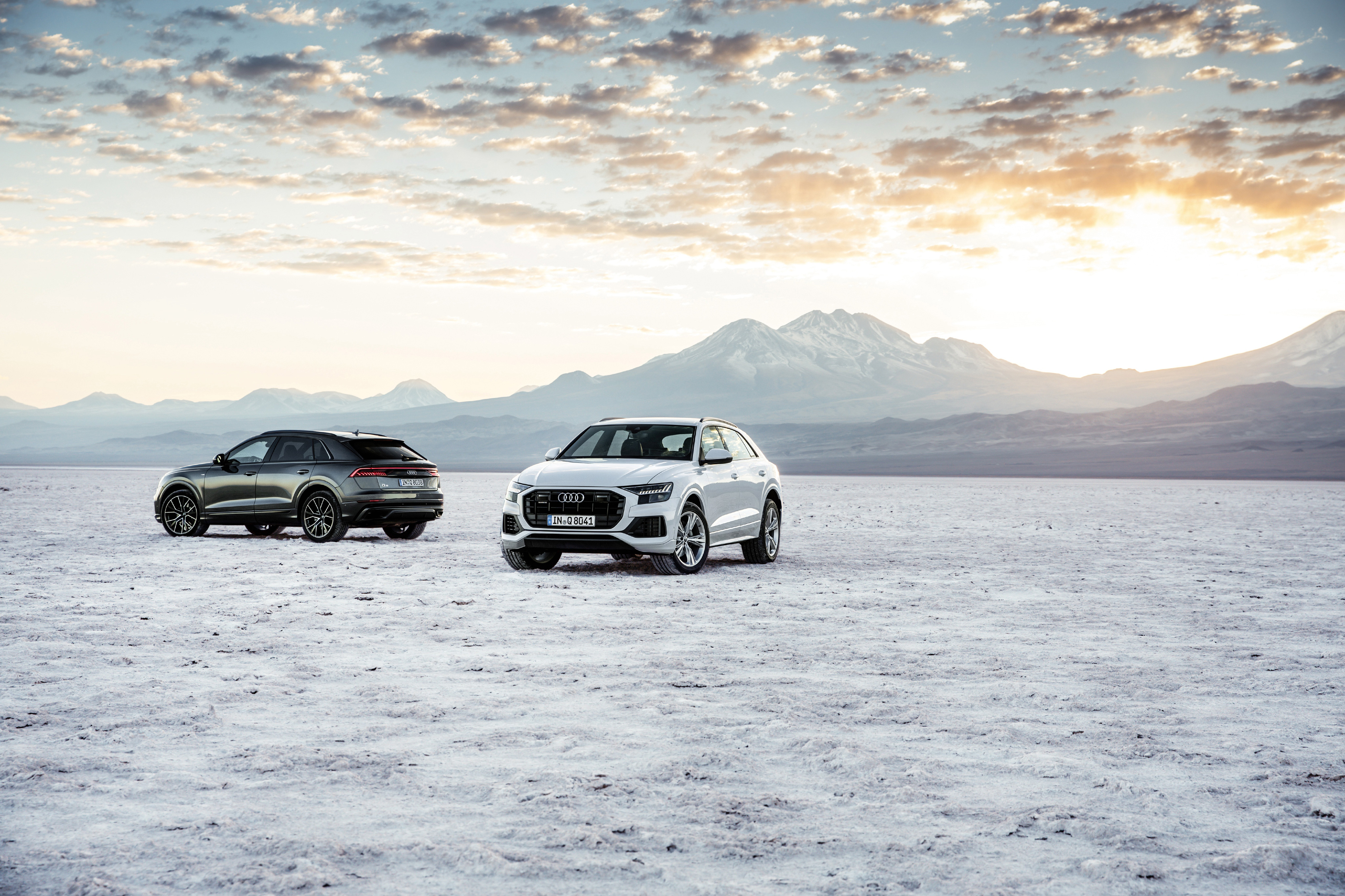 Two Audi Q8 SUVs in a desert landscape HD Wallpaper