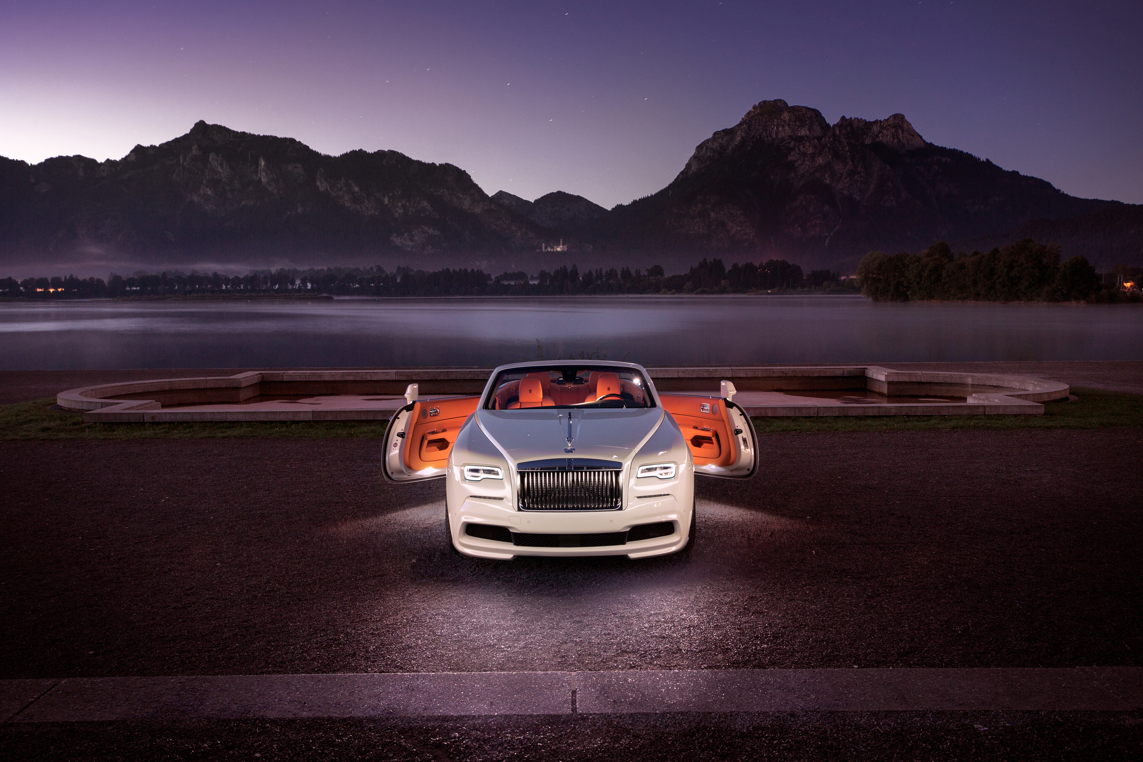 Rolls-Royce Dawn convertible parked by a lake at dusk HD Wallpaper
